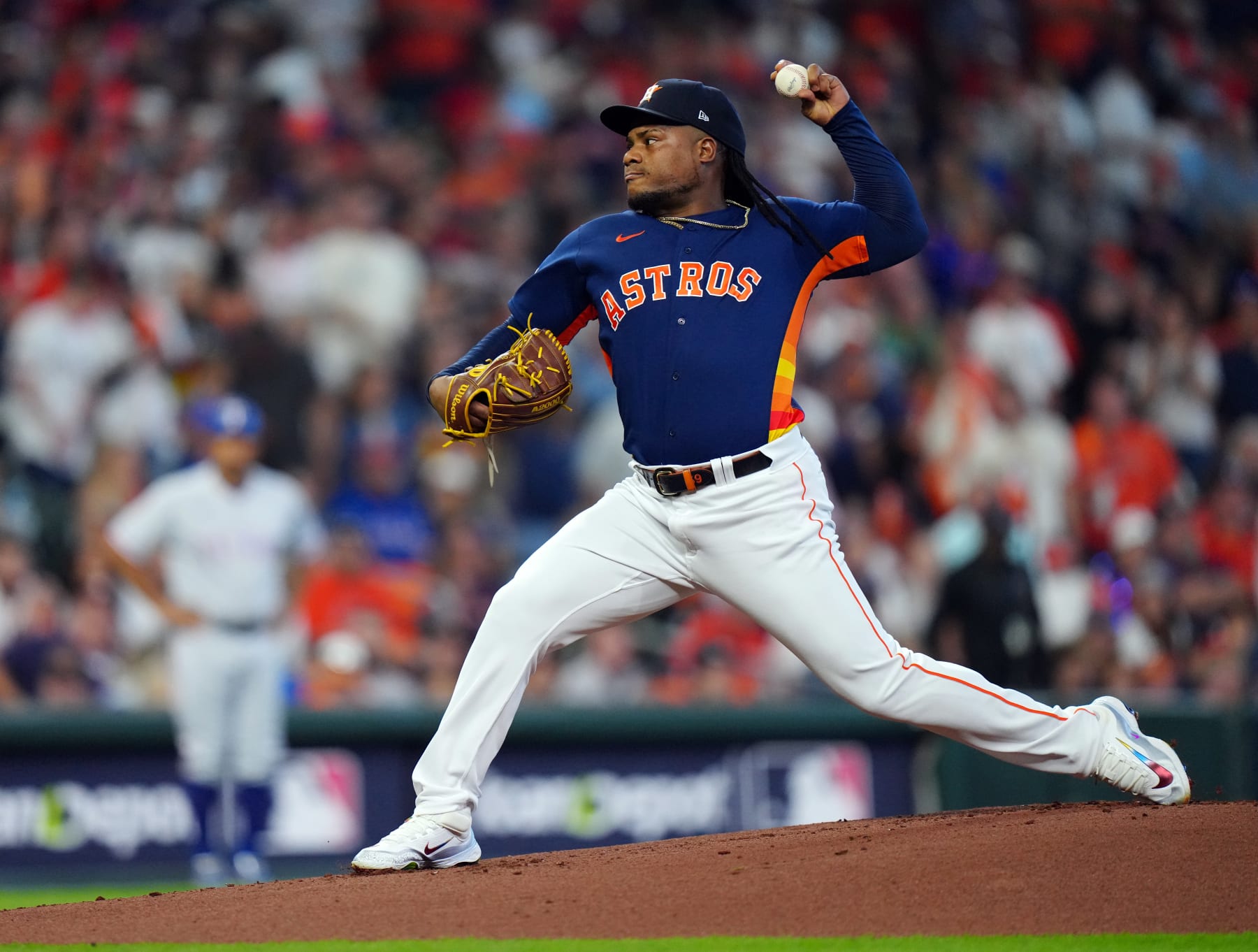 HOUSTON, TX - OCTOBER 16: Framber Valdez #59 of the Houston Astros pitches during Game 2 of the ALCS between the Texas Rangers and the Houston Astros at Minute Maid Park on Monday, October 16, 2023 in Houston, Texas. (Photo by Daniel Shirey/MLB Photos via Getty Images)