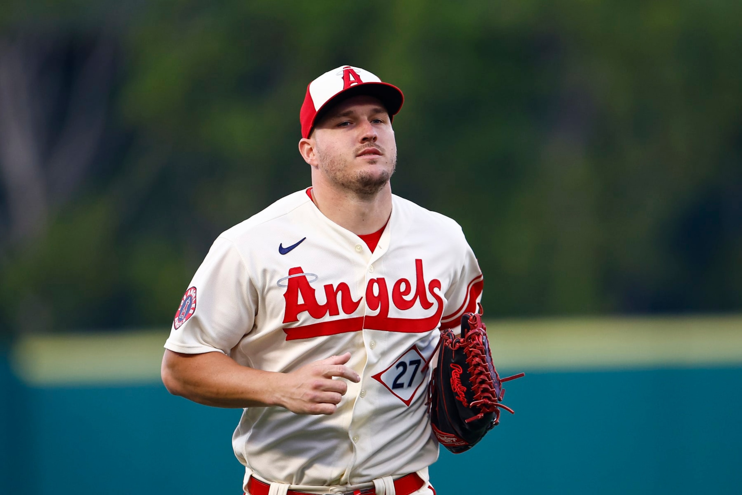 ANAHEIM, CALIFORNIA - JULY 01:  Mike Trout #27 of the Los Angeles Angels at Angel Stadium of Anaheim on July 01, 2023 in Anaheim, California. (Photo by Ronald Martinez/Getty Images)