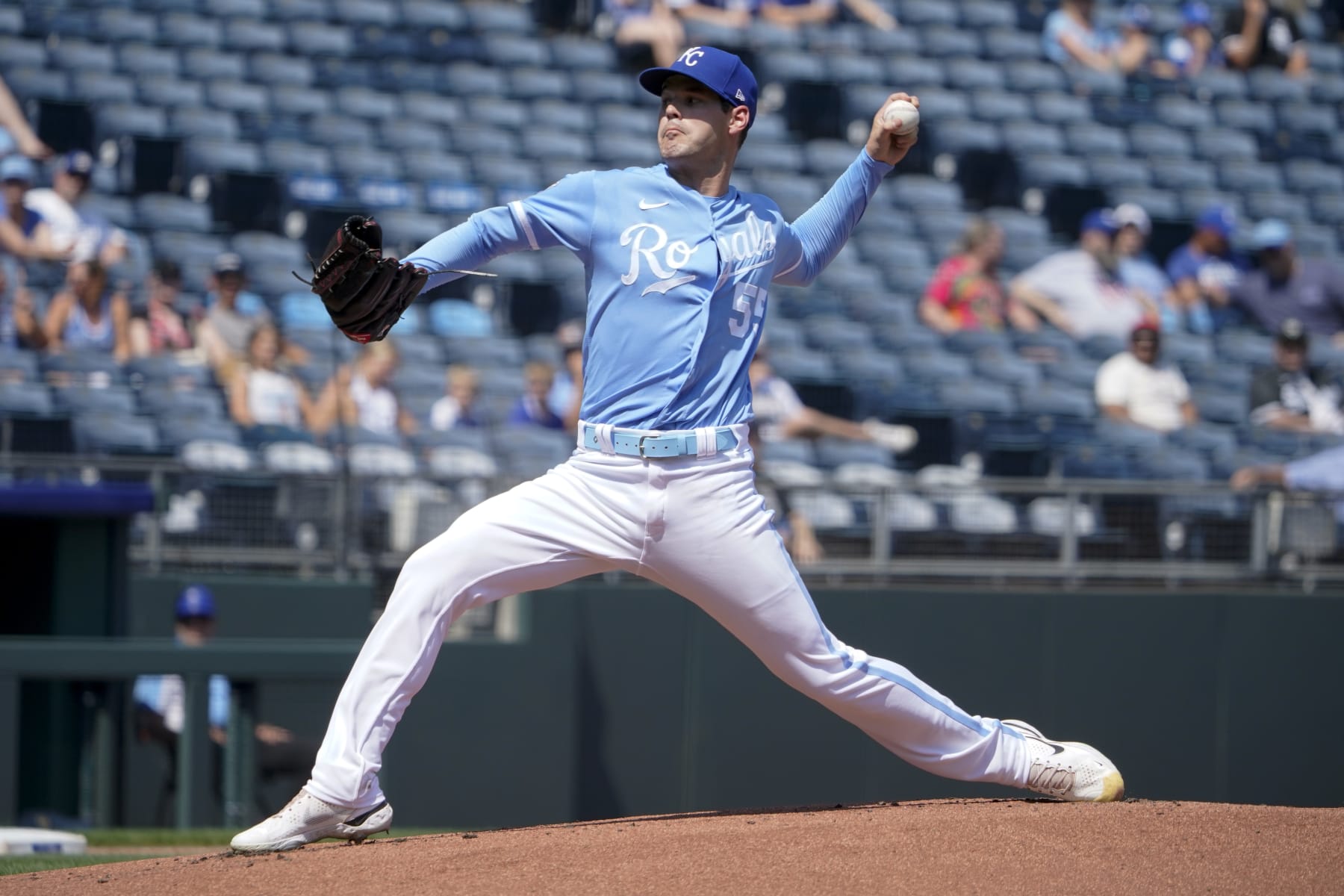 KANSAS CITY, MISSOURI - SEPTEMBER 04: Cole Ragans #55 of the Kansas City Royals pitches against the Chicago White Sox at Kauffman Stadium on September 04, 2023 in Kansas City, Missouri. (Photo by Ed Zurga/Getty Images)