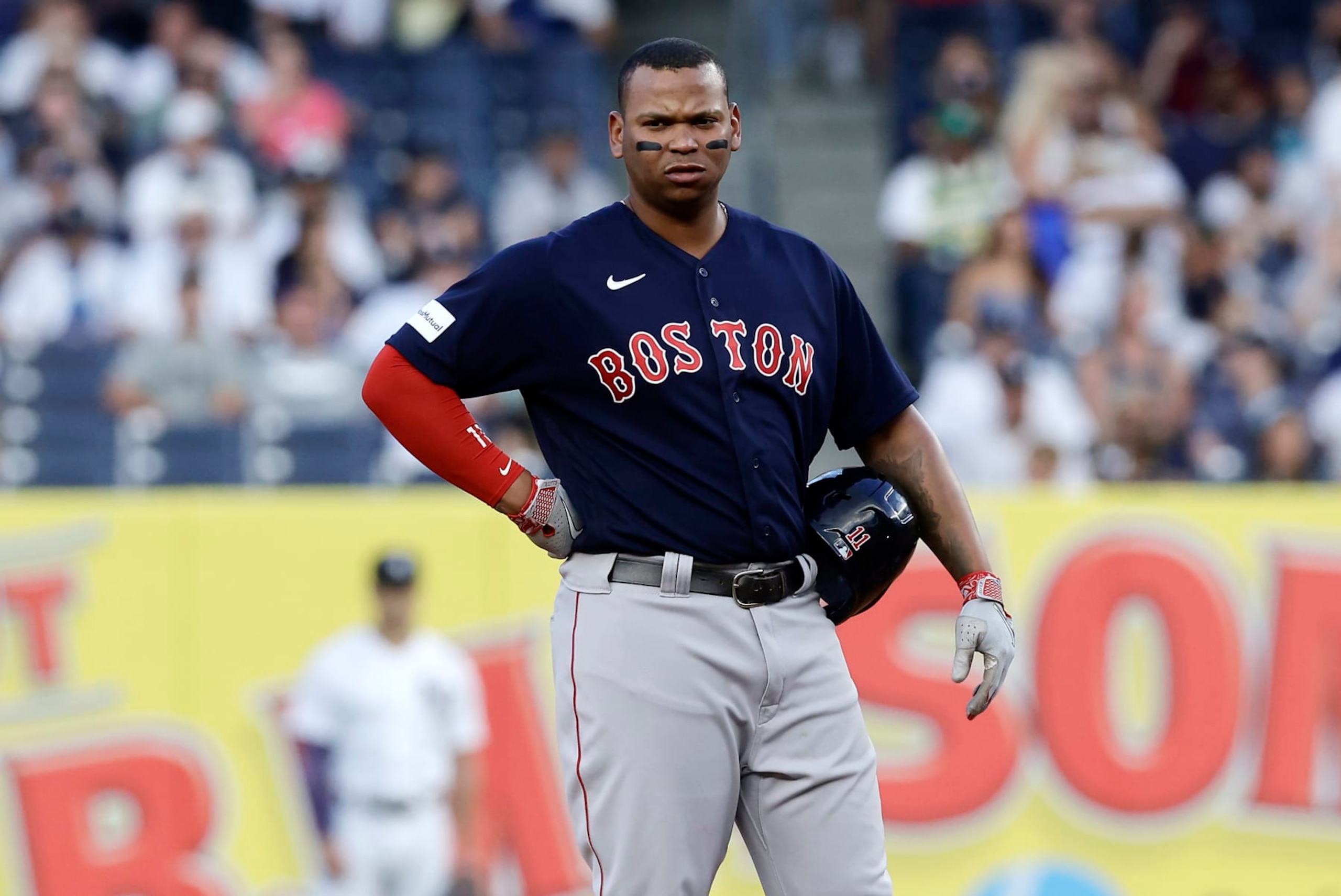 NEW YORK, NEW YORK - AUGUST 18:  Rafael Devers #11 of the Boston Red Sox in action against the New York Yankees at Yankee Stadium on August 18, 2023 in the Bronx borough of New York City. The Red Sox defeated the Yankees 8-3. (Photo by Jim McIsaac/Getty Images)