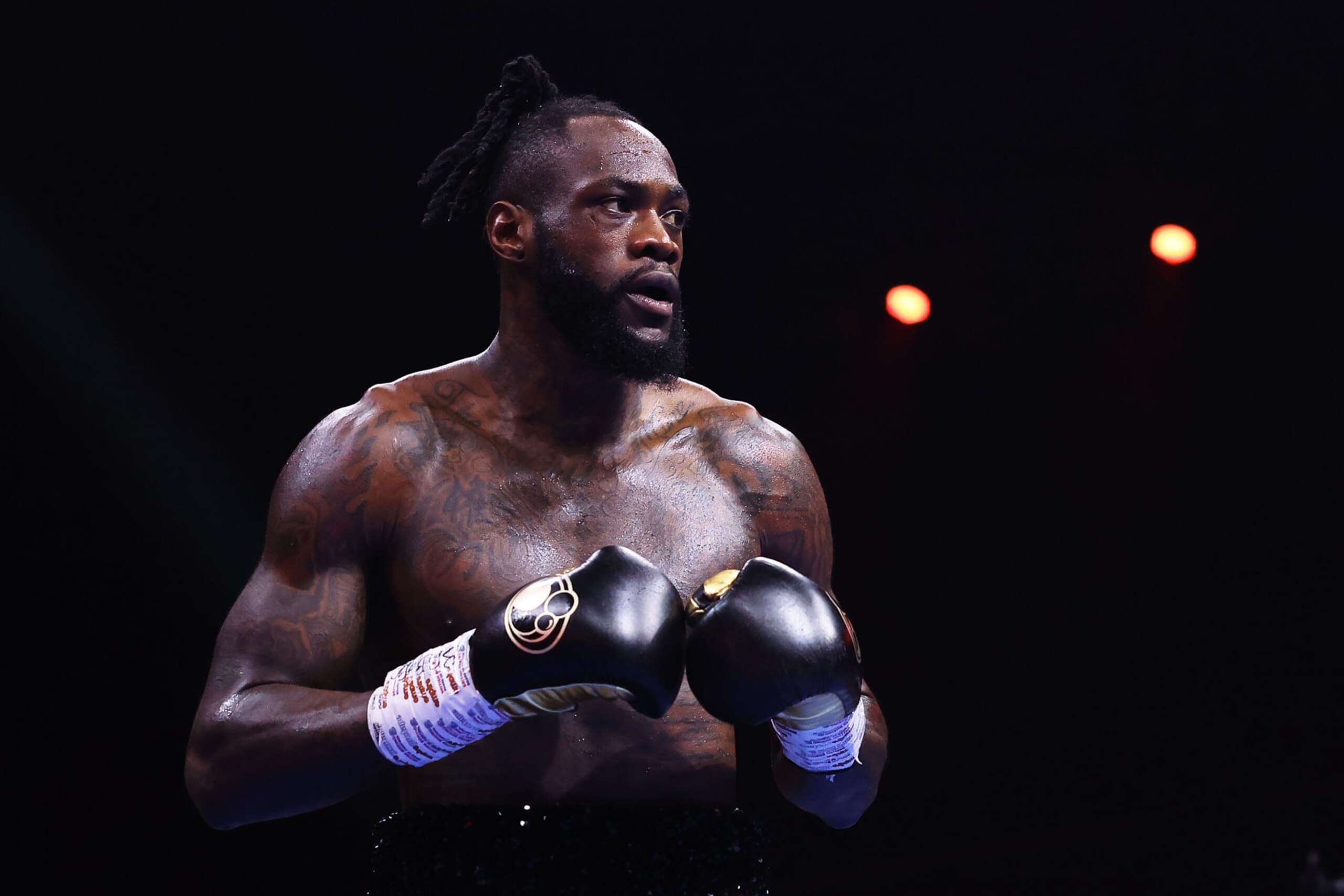RIYADH, SAUDI ARABIA - DECEMBER 23: Deontay Wilder looks on during the WBC International & WBO Intercontinental Heavyweight title fight between Deontay Wilder and Joseph Parker during the Day of Reckoning: Fight Night at Kingdom Arena on December 23, 2023 in Riyadh, Saudi Arabia. (Photo by Richard Pelham/Getty Images)