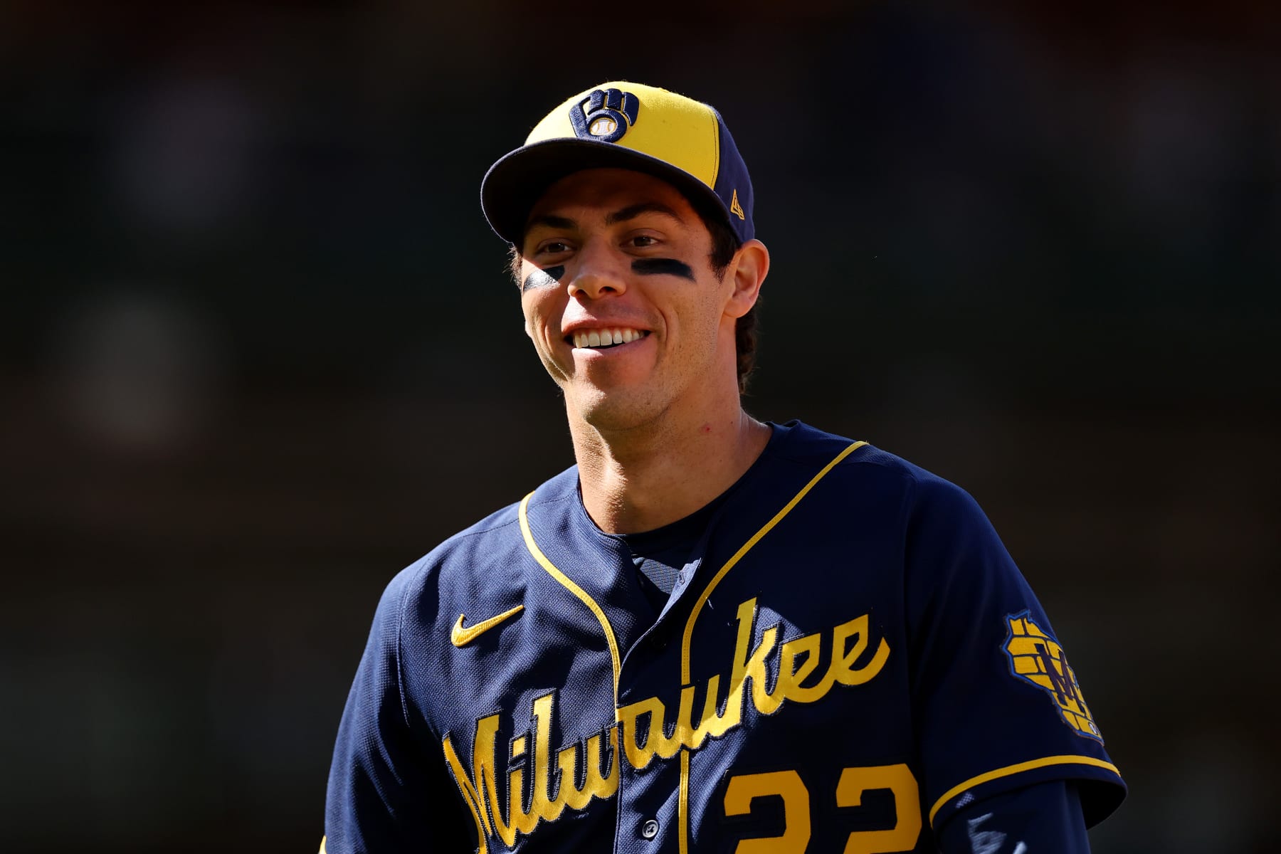 CHICAGO, ILLINOIS - AUGUST 30: Christian Yelich #22 of the Milwaukee Brewers reacts against the Chicago Cubs during the eighth inning at Wrigley Field on August 30, 2023 in Chicago, Illinois. (Photo by Michael Reaves/Getty Images)