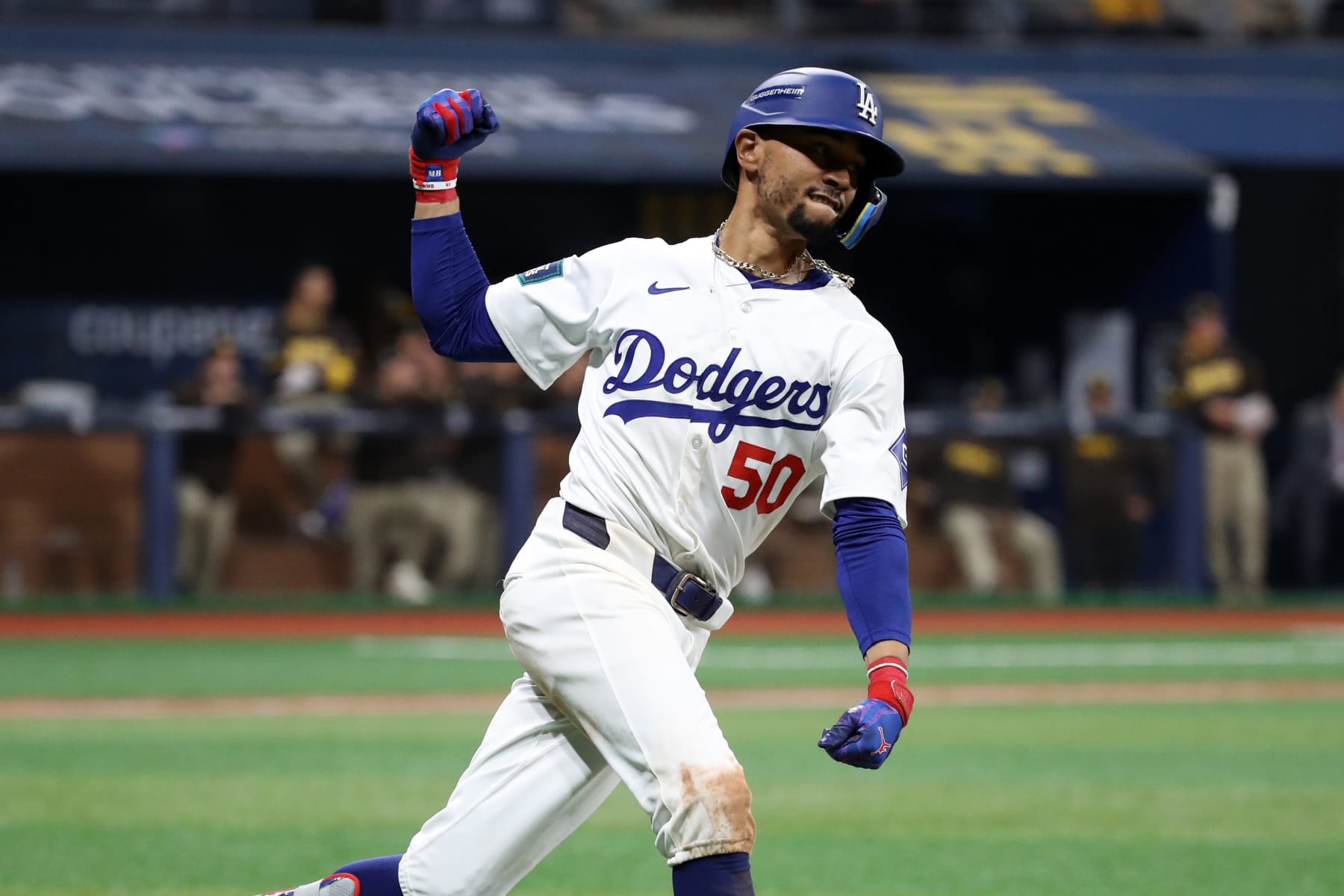 SEOUL, SOUTH KOREA - MARCH 21: Mookie Betts #50 of the Los Angeles Dodgers hits a two run home run in the 5th inning during the 2024 Seoul Series game between San Diego Padres and Los Angeles Dodgers at Gocheok Sky Dome on March 21, 2024 in Seoul, South Korea. (Photo by Chung Sung-Jun/Getty Images)