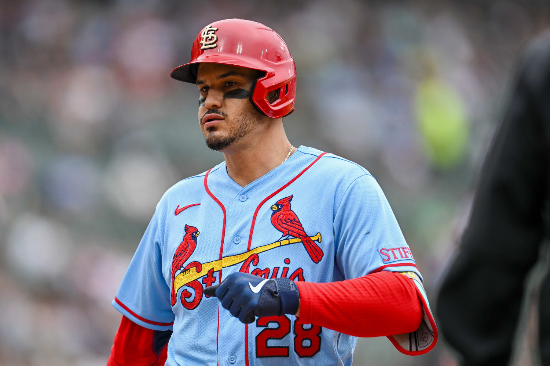 CHICAGO, ILLINOIS - JULY 08: Nolan Arenado #28 of the St. Louis Cardinals reacts on first base after his single in the second inning against Touki Toussaint of the Chicago White Sox at Guaranteed Rate Field on July 08, 2023 in Chicago, Illinois. (Photo by Quinn Harris/Getty Images)
