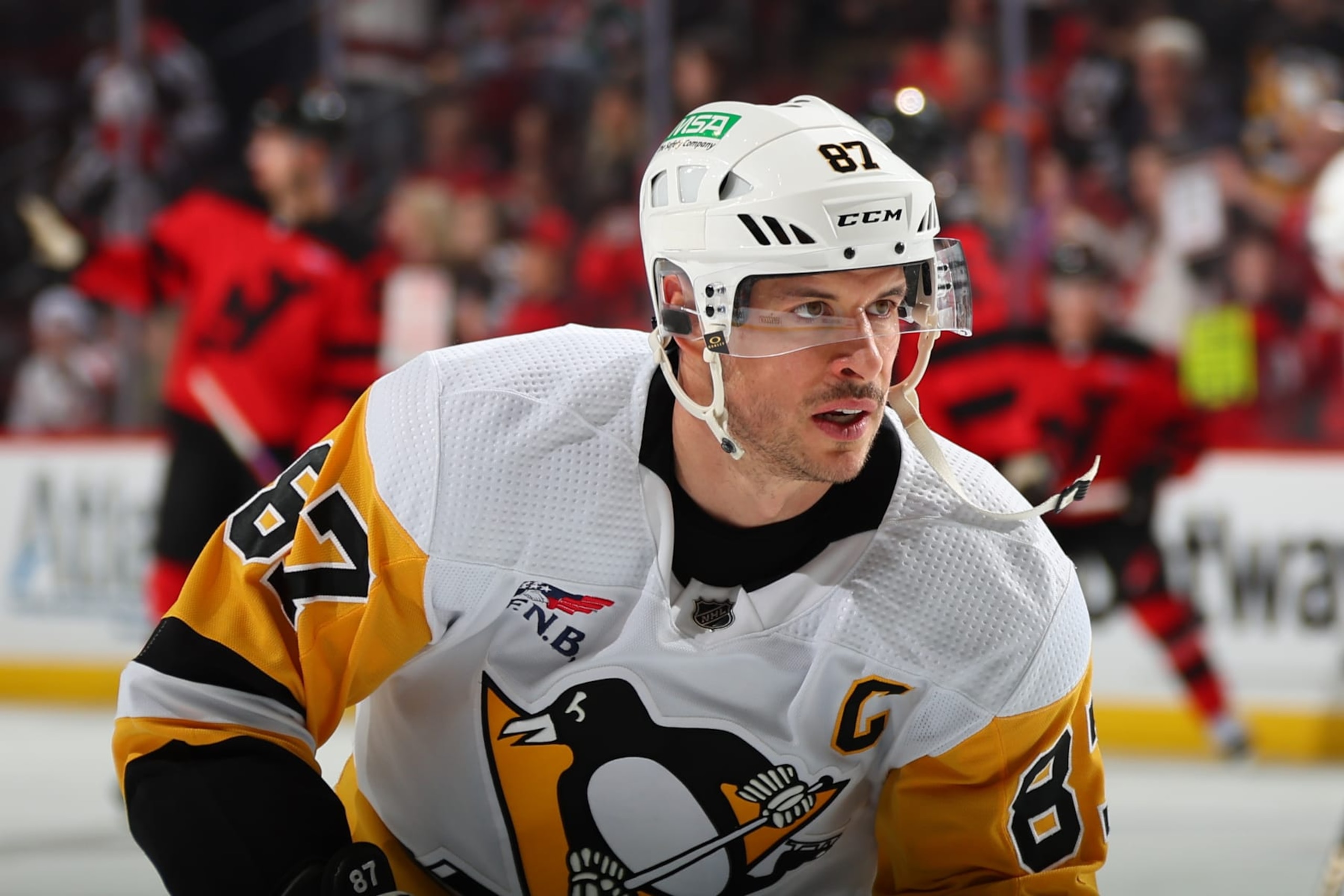 NEWARK, NJ - MARCH 19: Sidney Crosby #87 of the Pittsburgh Penguins warms up prior to the game against the New Jersey Devils at the Prudential Center on March 19, 2024 in Newark, New Jersey. (Photo by Rich Graessle/NHLI via Getty Images) NEWARK, NJ - MARCH 19: Sidney Crosby #87 of the Pittsburgh Penguins warms up prior to the game against the New Jersey Devils at the Prudential Center on March 19, 2024 in Newark, New Jersey. (Photo by Rich Graessle/NHLI via Getty Images)