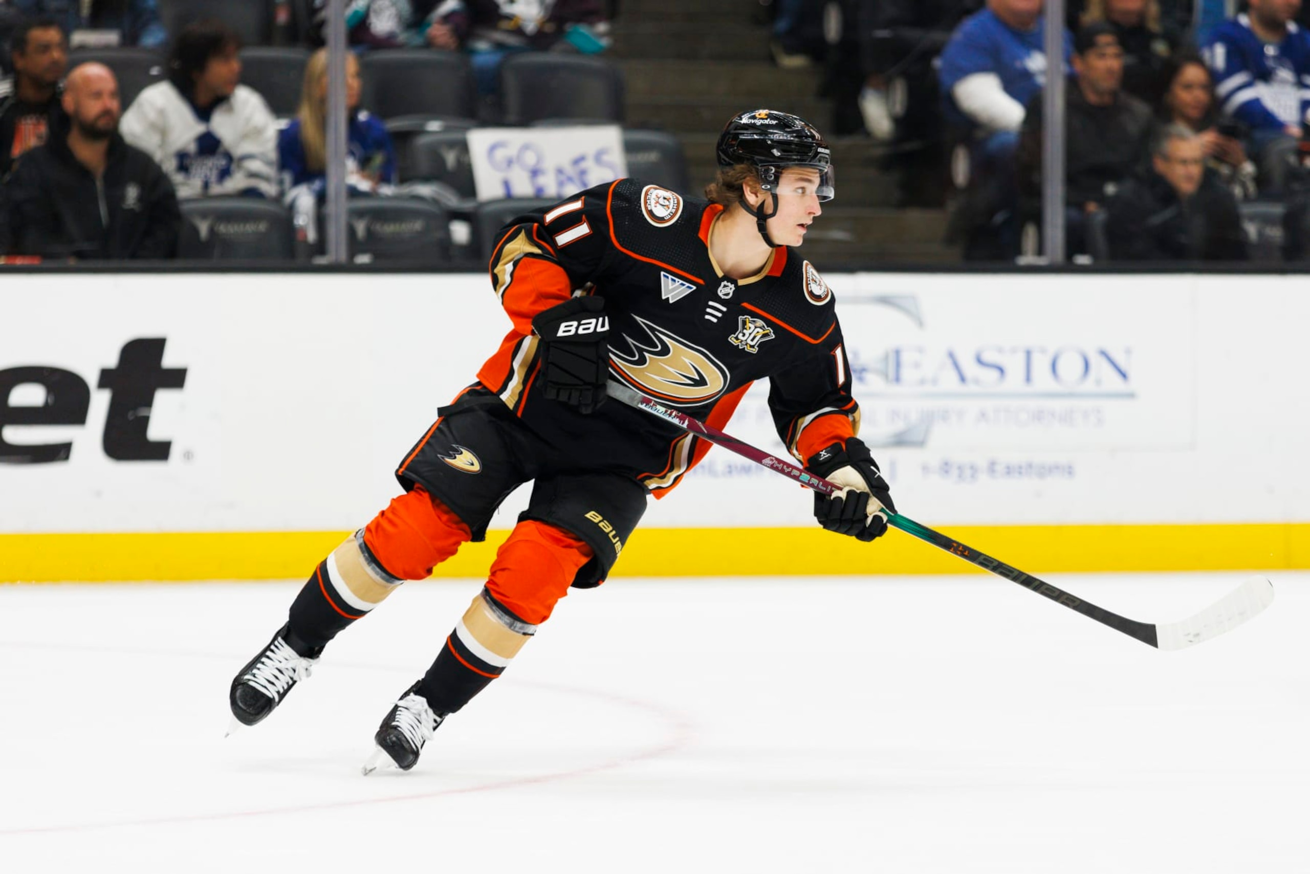 ANAHEIM, CA - JANUARY 03: Anaheim Ducks center Trevor Zegras (11) skates during an NHL hockey game against the Anaheim Ducks on January 3, 2024 at Honda Center in Anaheim, CA. (Photo by Ric Tapia/Icon Sportswire via Getty Images) ANAHEIM, CA - JANUARY 03: Anaheim Ducks center Trevor Zegras (11) skates during an NHL hockey game against the Anaheim Ducks on January 3, 2024 at Honda Center in Anaheim, CA. (Photo by Ric Tapia/Icon Sportswire via Getty Images)