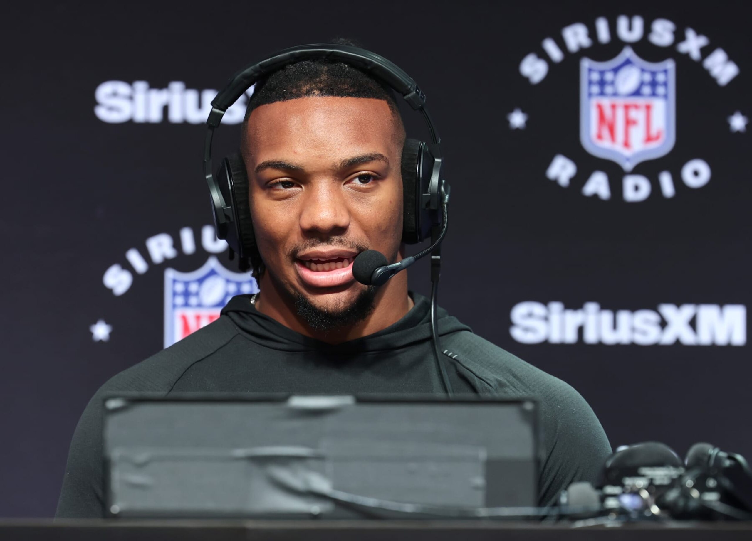 LAS VEGAS, NEVADA - FEBRUARY 09: Bijan Robinson speaks on SiriusXM at Super Bowl LVIII on February 09, 2024 in Las Vegas, Nevada. (Photo by Cindy Ord/Getty Images for SiriusXM)