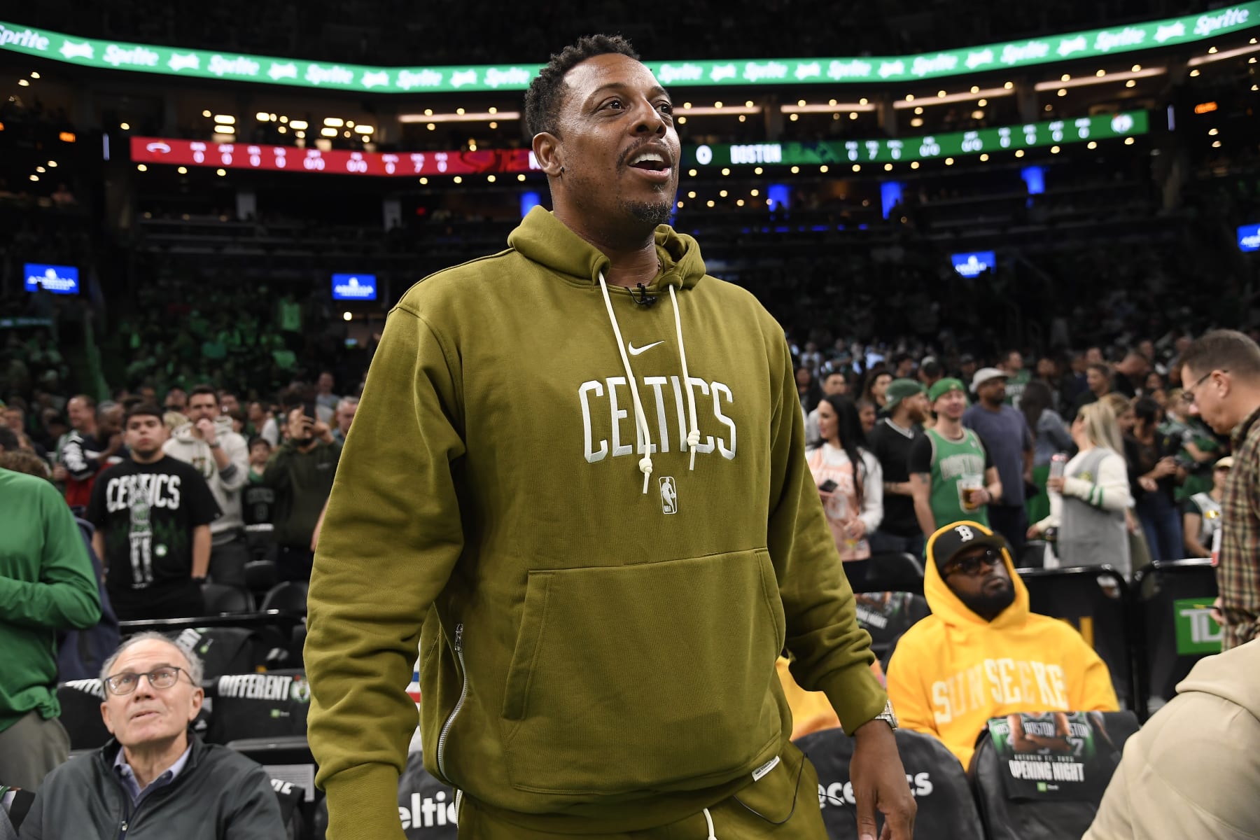 BOSTON, MA - OCTOBER 27: Paul Pierce attends the game between the Miami Heat  and the Boston Celtics on October 27, 2023 at the TD Garden in Boston, Massachusetts. NOTE TO USER: User expressly acknowledges and agrees that, by downloading and or using this photograph, User is consenting to the terms and conditions of the Getty Images License Agreement. Mandatory Copyright Notice: Copyright 2023 NBAE  (Photo by Brian Babineau/NBAE via Getty Images)