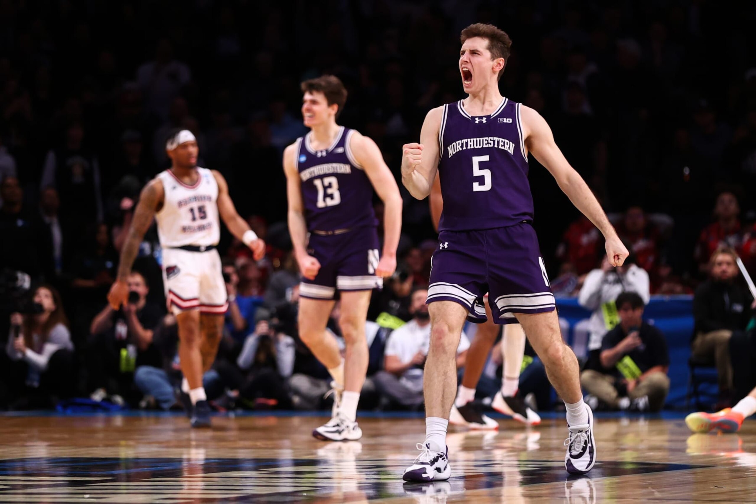 NEW YORK, NEW YORK - MARCH 22: Ryan Langborg #5 of the Northwestern Wildcats reacts during the second half of the game against the Florida Atlantic Owls during the first round of the NCAA Men’s Basketball Tournament at Barclays Center on March 22, 2024 in New York City. (Photo by Jamie Schwaberow/NCAA Photos via Getty Images)