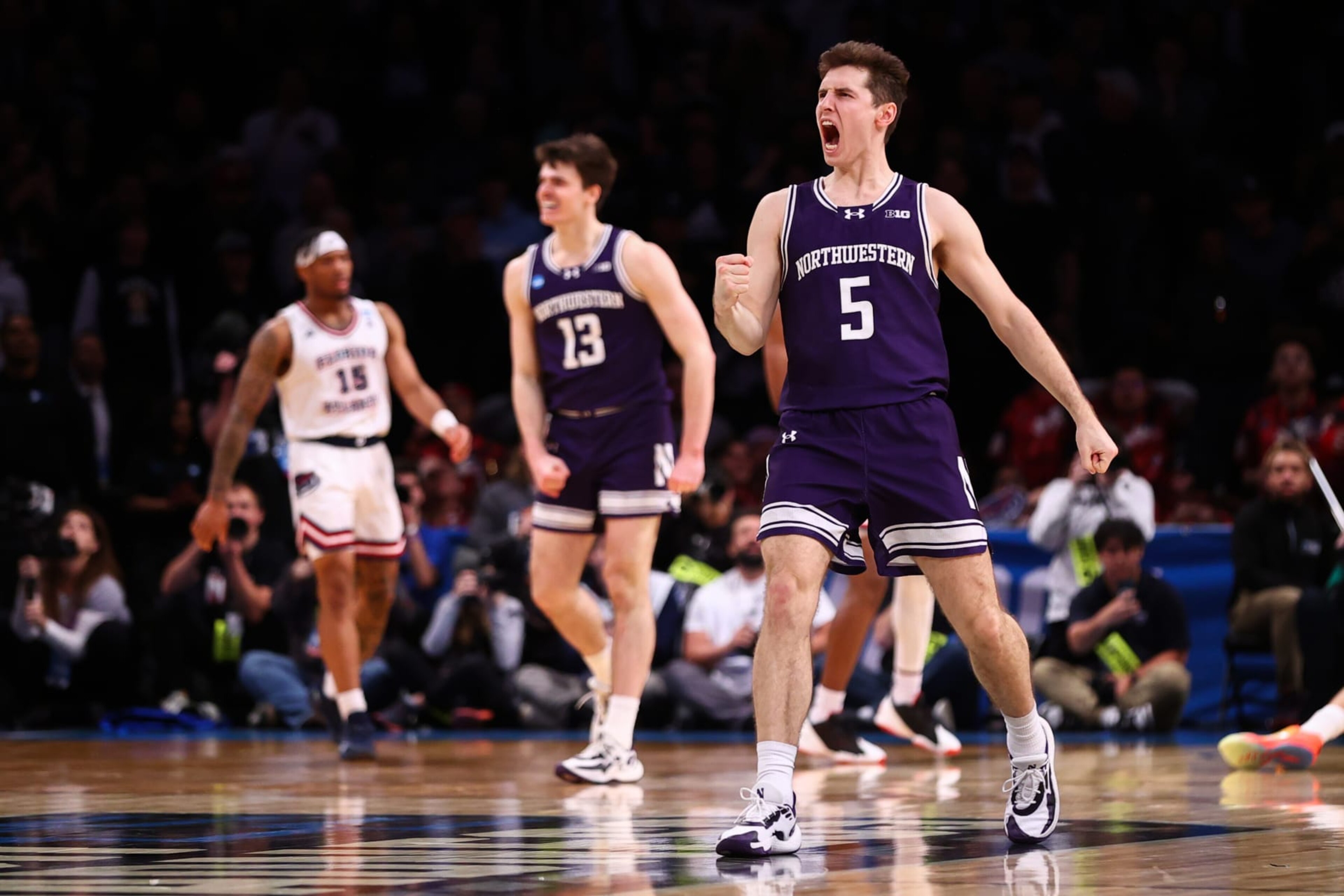NEW YORK, NEW YORK - MARCH 22: Ryan Langborg #5 of the Northwestern Wildcats reacts during the second half of the game against the Florida Atlantic Owls during the first round of the NCAA Men’s Basketball Tournament at Barclays Center on March 22, 2024 in New York City. (Photo by Jamie Schwaberow/NCAA Photos via Getty Images)
