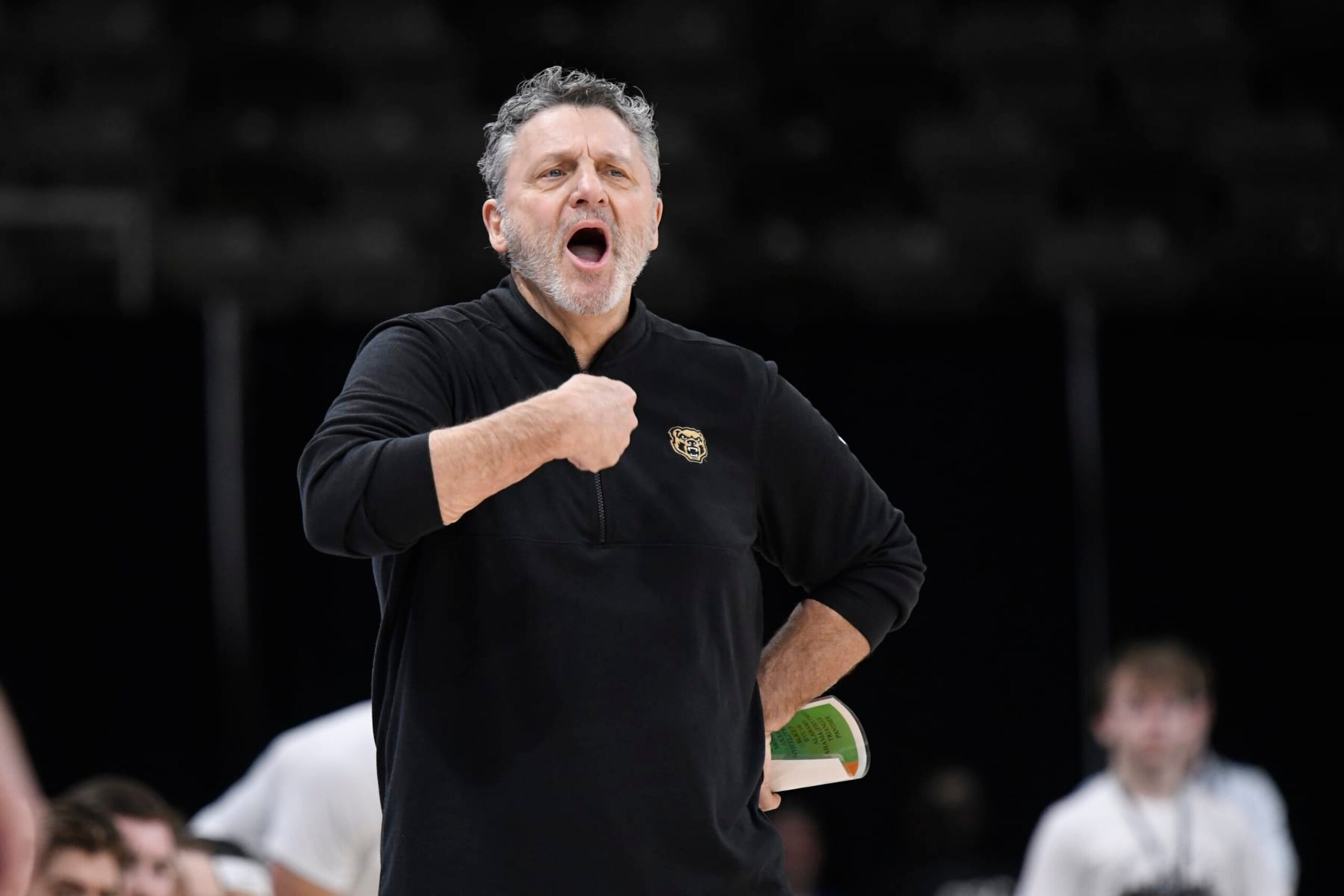 INDIANAPOLIS, IN - MARCH 12: Oakland Golden Grizzlies Head Coach Greg Kampe directs players during the Horizon League Championship basketball game between the Oakland Golden Grizzlies and the Milwaukee Panthers on March 12, 2024, at the Indiana Farmers Coliseum in Indianapolis, Indiana. (Photo by Michael Allio/Icon Sportswire via Getty Images)