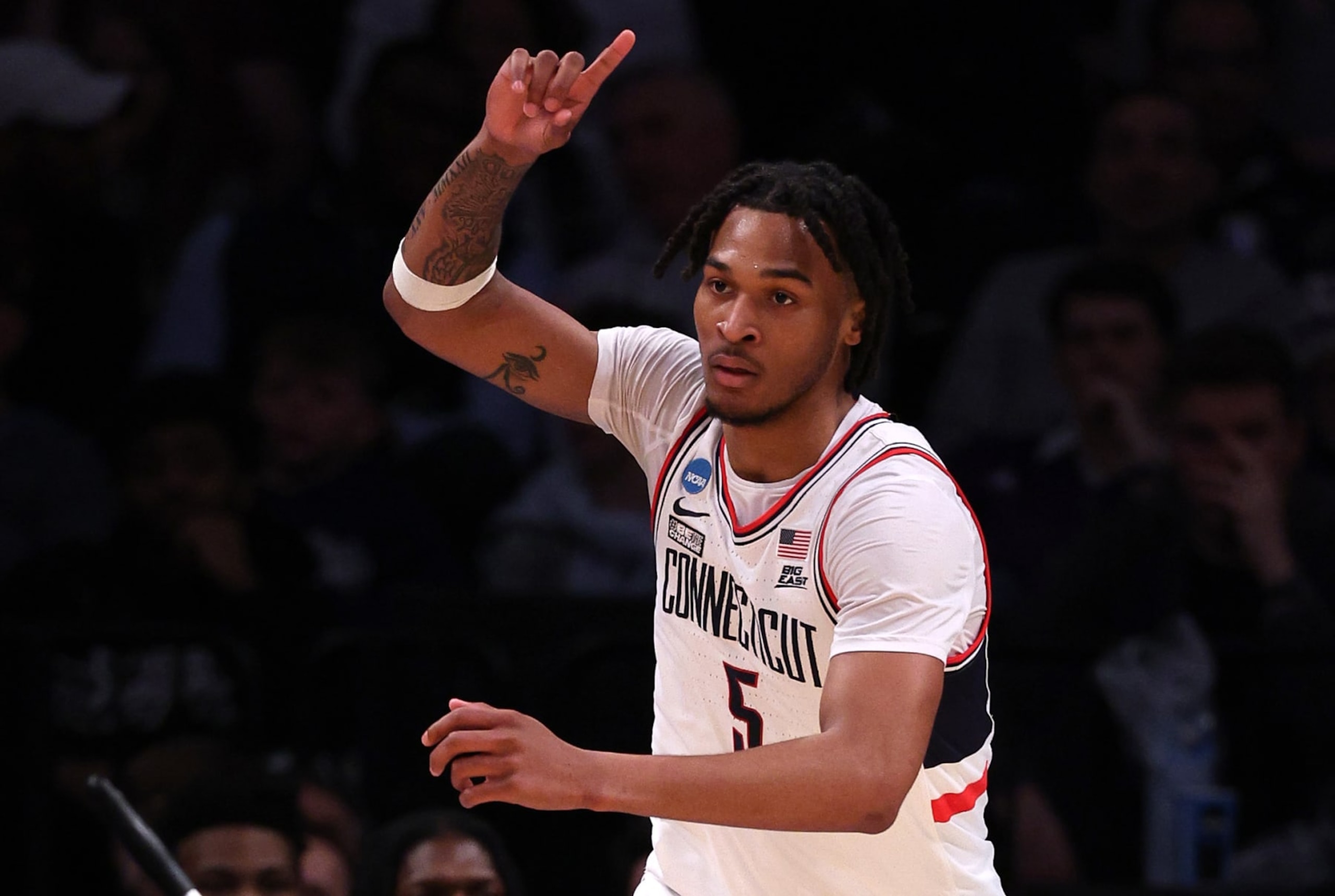 NEW YORK, NEW YORK - MARCH 22: Stephon Castle #5 of the Connecticut Huskies reacts in the first half against the Stetson Hatters in the first round of the NCAA Men's Basketball Tournament at Barclays Center on March 22, 2024 in New York City. (Photo by Elsa/Getty Images)