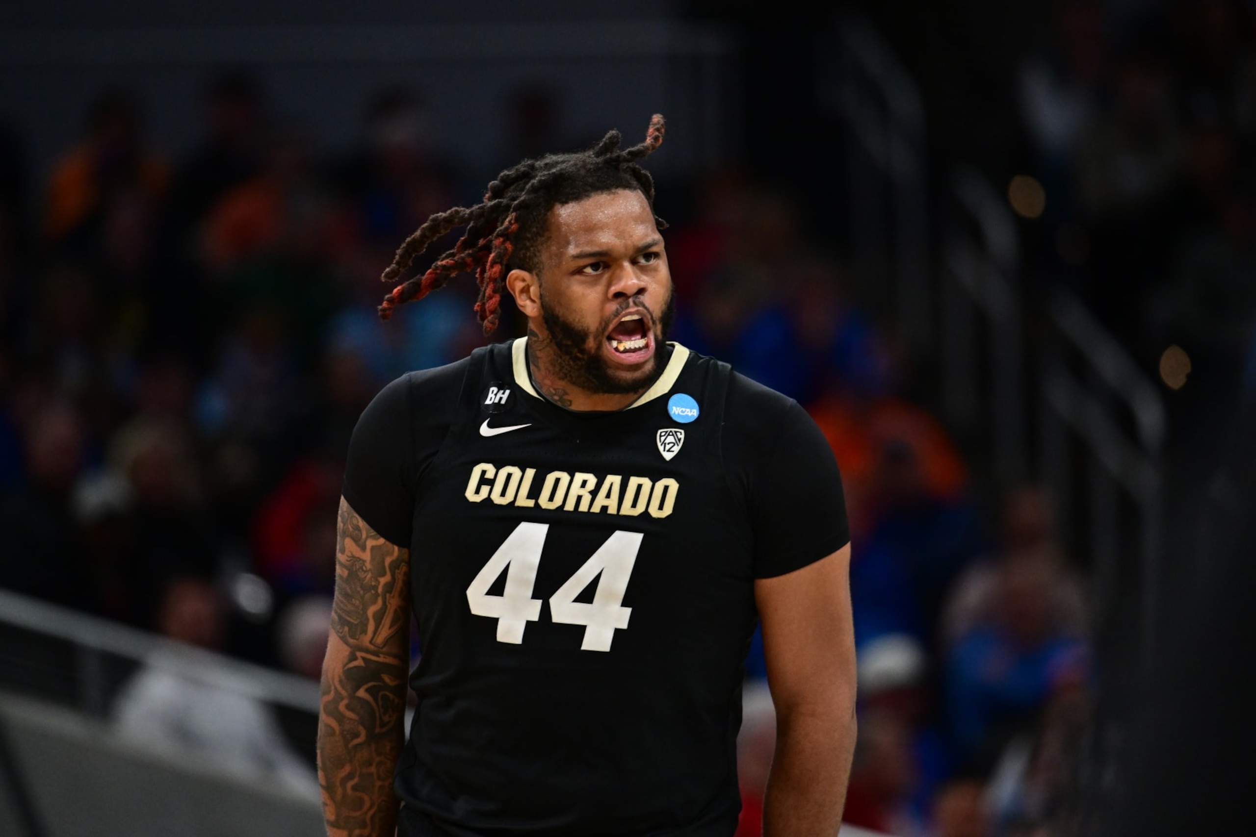 INDIANAPOLIS, INDIANA - MARCH 22: Eddie Lampkin Jr. #44 of the Colorado Buffaloes reacts to a play during the first round of the 2024 NCAA Men's Basketball Tournament held at Gainbridge Fieldhouse on March 22, 2024 in Indianapolis, Indiana. (Photo by Ben Solomon/NCAA Photos via Getty Images)