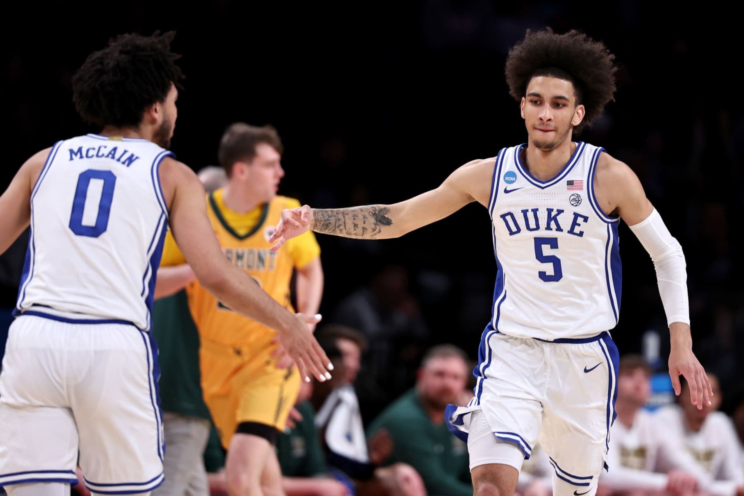 NEW YORK, NEW YORK - MARCH 22: Tyrese Proctor #5 of the Duke Blue Devils celebrates a basket against the Vermont Catamounts during the first round of the 2024 NCAA Men's Basketball Tournament held at Barclays Center on March 22, 2024 in New York City. (Photo by Dustin Satloff/NCAA Photos via Getty Images)