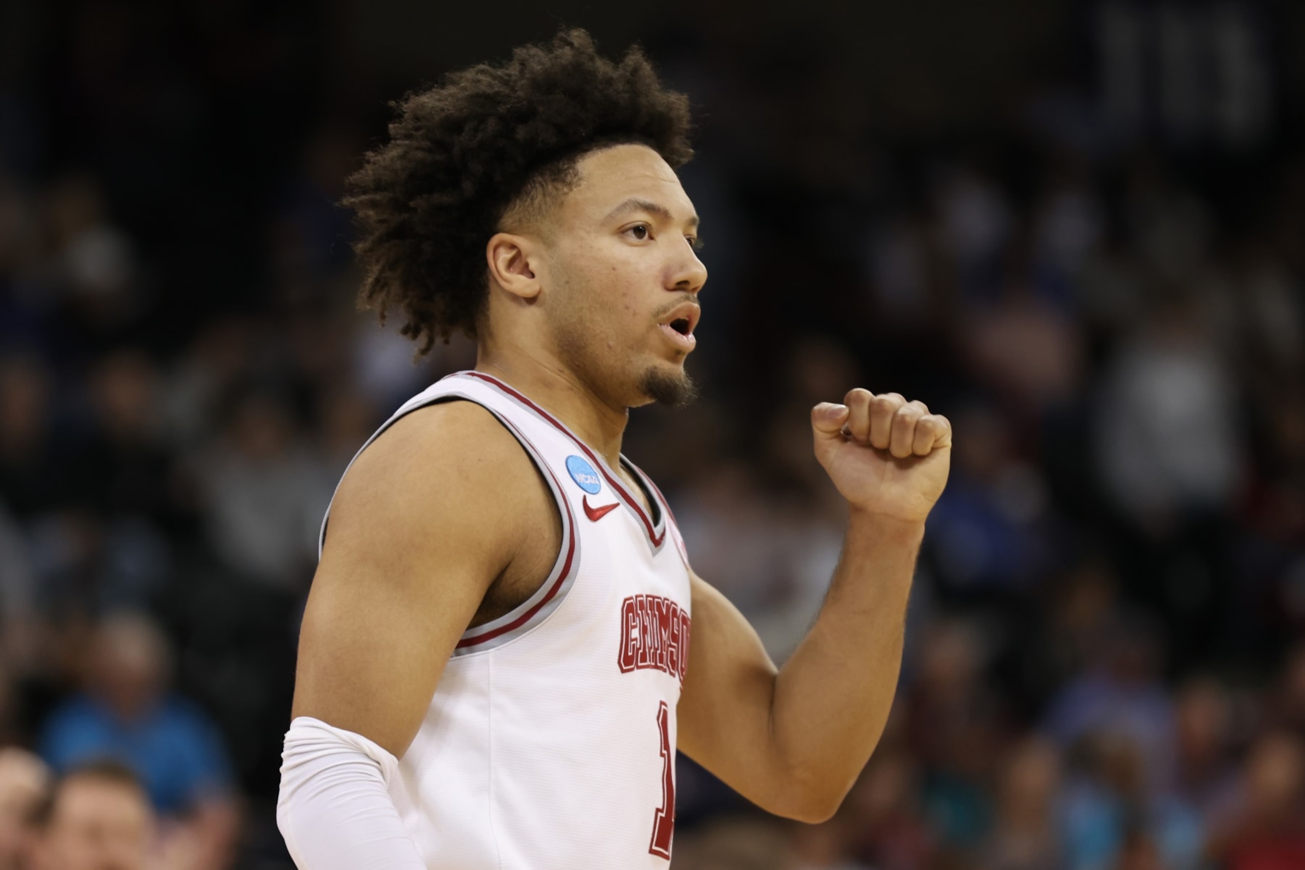 SPOKANE, WASHINGTON - MARCH 22: Mark Sears #1 of the Alabama Crimson Tide reacts against the Charleston Cougars during the first half in the first round of the NCAA Men's Basketball Tournament at Spokane Veterans Memorial Arena on March 22, 2024 in Spokane, Washington. (Photo by Steph Chambers/Getty Images)