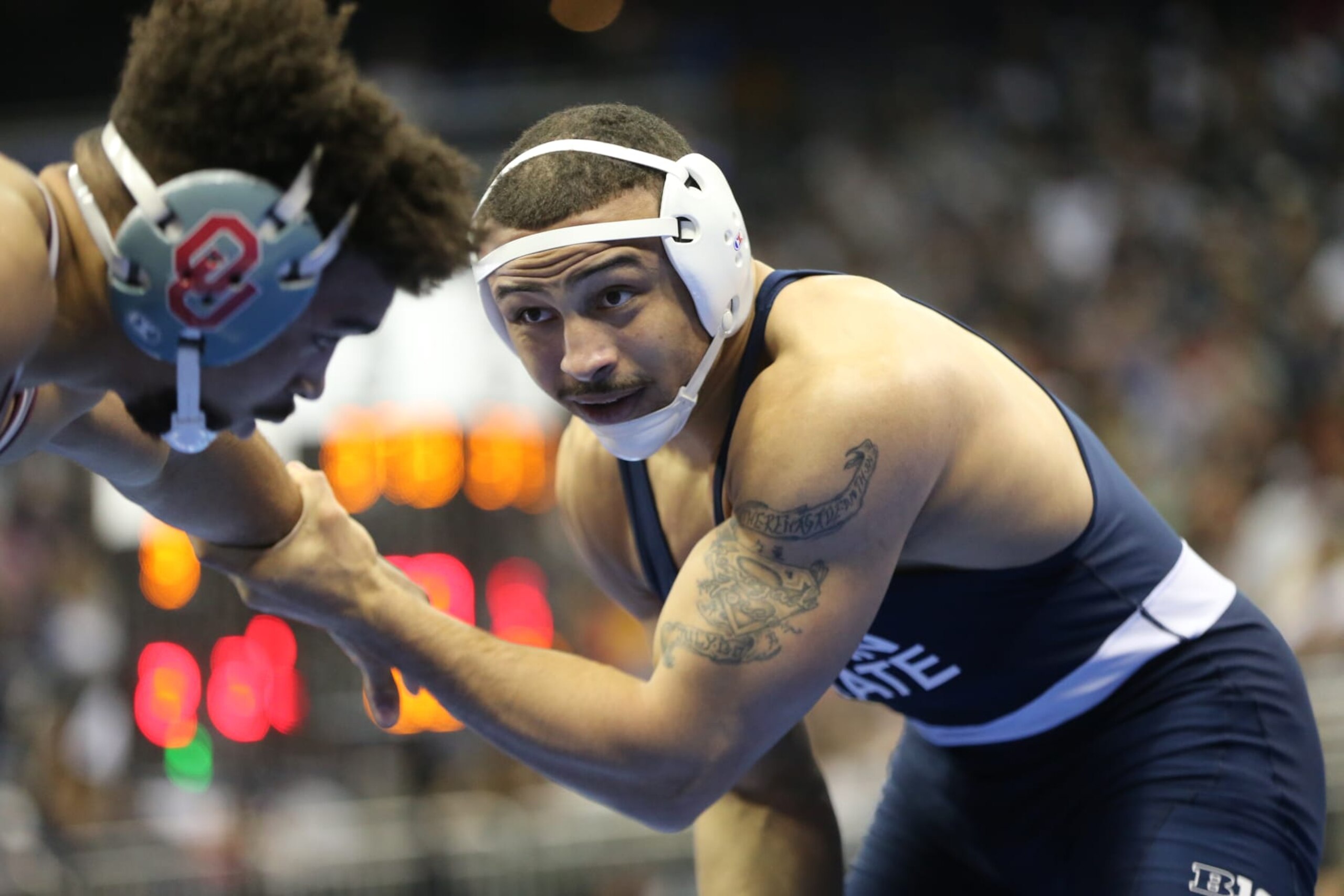 KANSAS CITY, MISSOURI - MARCH 22: Stephen Buchanan of the University of Oklahoma Sooners competes against Aaron Brooks of the Penn State University Nittany Lions in the quarterfinal rounds during the Division I Men's Wrestling Championship held at T-Mobile Center on March 21, 2024 in Kansas City, Missouri. (Photo by Evert Nelson/NCAA Photos via Getty Images)