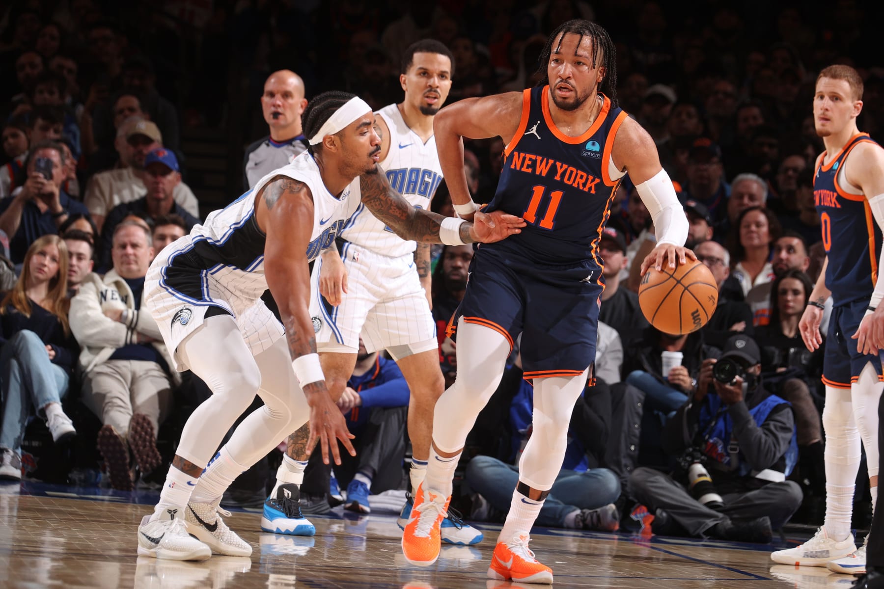 NEW YORK, NY - MARCH 8: Jalen Brunson #11 of the New York Knicks handles the ball during the game against the Orlando Magic on March 8, 2024 at Madison Square Garden in New York City, New York.  NOTE TO USER: User expressly acknowledges and agrees that, by downloading and or using this photograph, User is consenting to the terms and conditions of the Getty Images License Agreement. Mandatory Copyright Notice: Copyright 2024 NBAE  (Photo by Nathaniel S. Butler/NBAE via Getty Images)