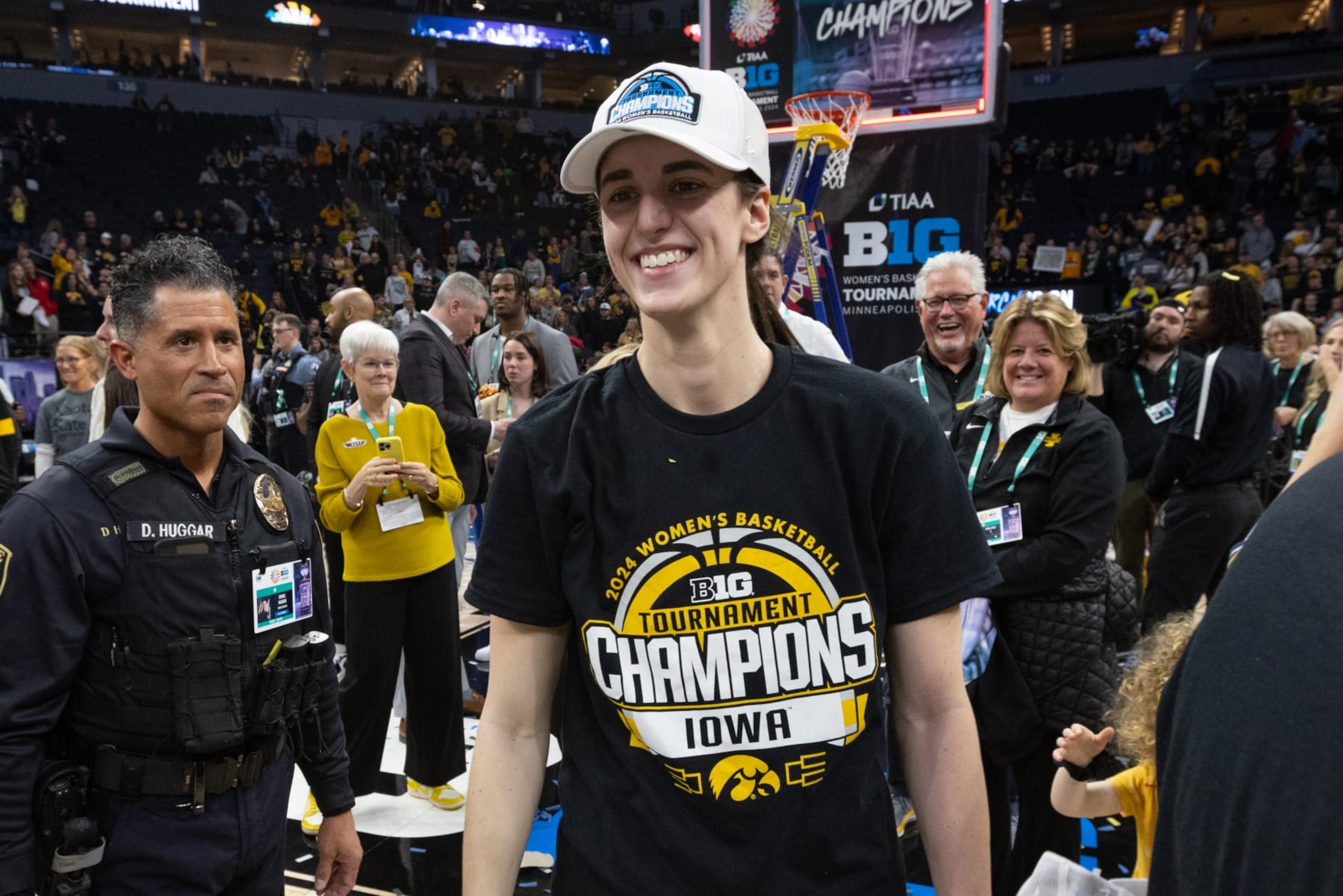 MINNEAPOLIS, MN - MARCH 10: Iowa Hawkeyes guard Caitlin Clark (22) celebrates after the Big Ten Women's Basketball Tournament championship game between the Iowa Hawkeyes and Nebraska Cornhuskers on March 10, 2024, at the Target Center in Minneapolis, MN. (Photo by Bailey Hillesheim/Icon Sportswire via Getty Images) MINNEAPOLIS, MN - MARCH 10: Iowa Hawkeyes guard Caitlin Clark (22) celebrates after the Big Ten Women's Basketball Tournament championship game between the Iowa Hawkeyes and Nebraska Cornhuskers on March 10, 2024, at the Target Center in Minneapolis, MN. (Photo by Bailey Hillesheim/Icon Sportswire via Getty Images)