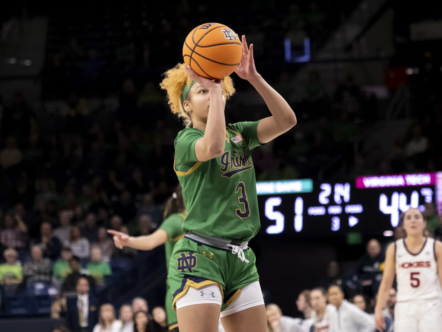 SOUTH BEND, IN - FEBRUARY 29: Notre Dame Fighting Irish guard Hannah Hidalgo (3) shoots a free-throw during a college basketball game between the Virginia Tech Hokies and the Notre Dame Fighting Irish on February 29, 2024 at Purcell Pavilion in South Bend, Indiana. (Photo by Joseph Weiser/Icon Sportswire via Getty Images)