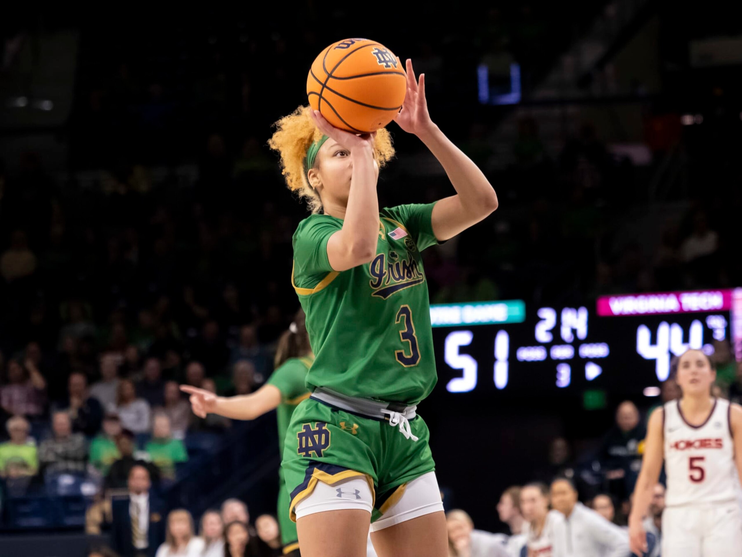 SOUTH BEND, IN - FEBRUARY 29: Notre Dame Fighting Irish guard Hannah Hidalgo (3) shoots a free-throw during a college basketball game between the Virginia Tech Hokies and the Notre Dame Fighting Irish on February 29, 2024 at Purcell Pavilion in South Bend, Indiana. (Photo by Joseph Weiser/Icon Sportswire via Getty Images) SOUTH BEND, IN - FEBRUARY 29: Notre Dame Fighting Irish guard Hannah Hidalgo (3) shoots a free-throw during a college basketball game between the Virginia Tech Hokies and the Notre Dame Fighting Irish on February 29, 2024 at Purcell Pavilion in South Bend, Indiana. (Photo by Joseph Weiser/Icon Sportswire via Getty Images)