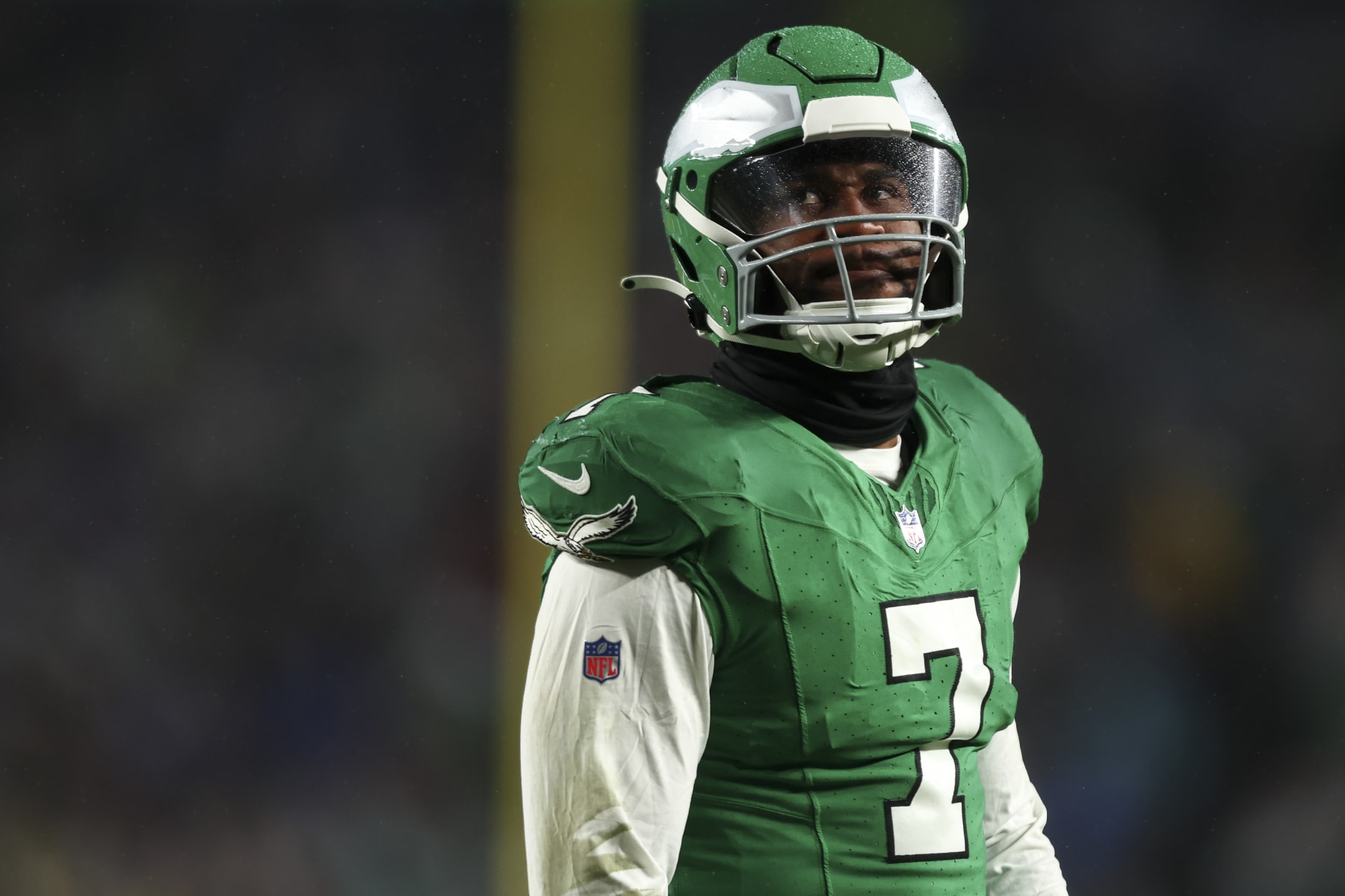 PHILADELPHIA, PA - NOVEMBER 26: Haason Reddick #7 of the Philadelphia Eagles looks on during the second quarter of an NFL football game against the Buffalo Bills at Lincoln Financial Field on November 26, 2023 in Philadelphia, Pennsylvania. (Photo by Kevin Sabitus/Getty Images)