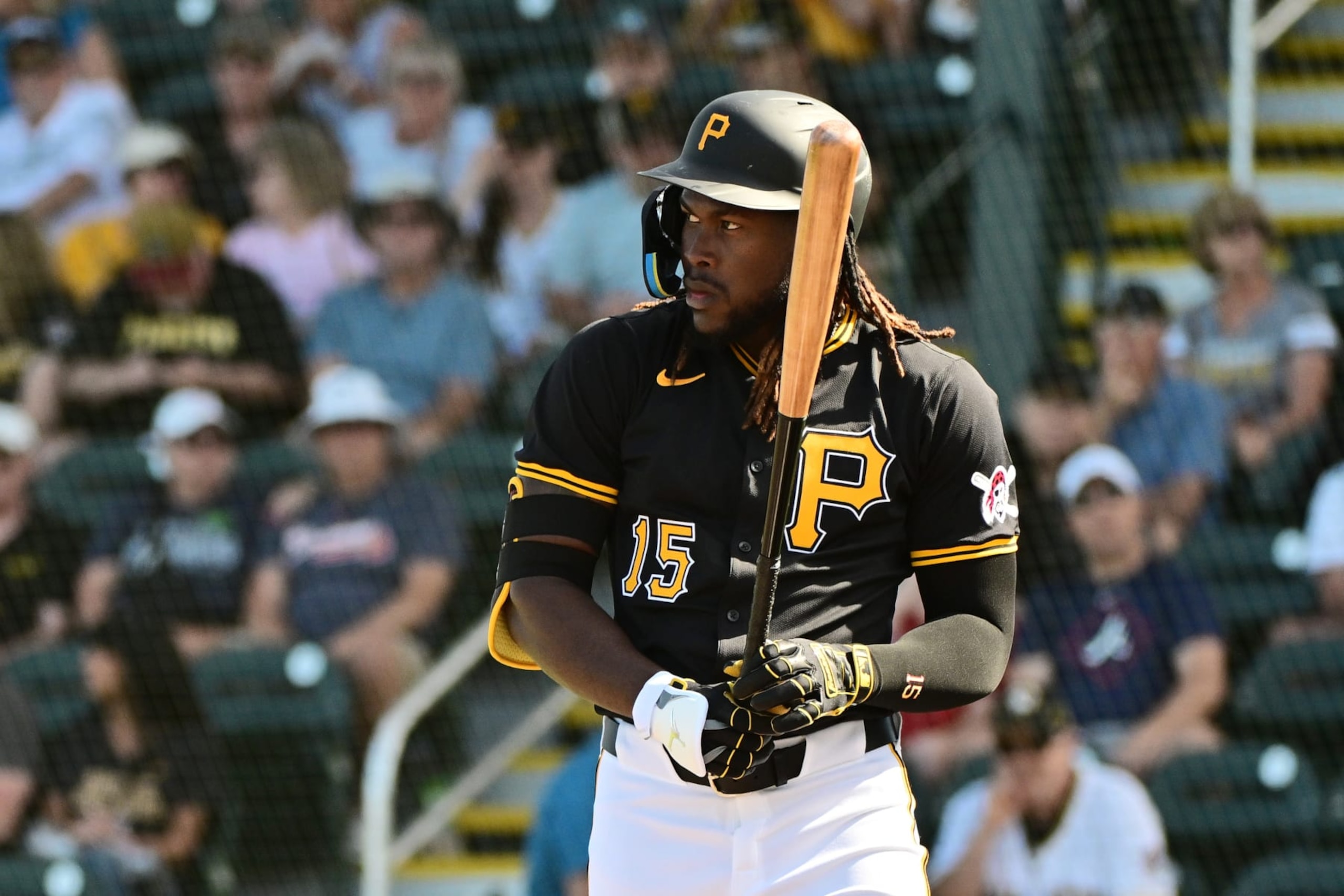 BRADENTON, FLORIDA - FEBRUARY 27: Oneil Cruz #15 of the Pittsburgh Pirates at bat in the fifth inning against the Atlanta Braves during a Grapefruit League Spring Training game at LECOM Park on February 27, 2024 in Bradenton, Florida. (Photo by Julio Aguilar/Getty Images)