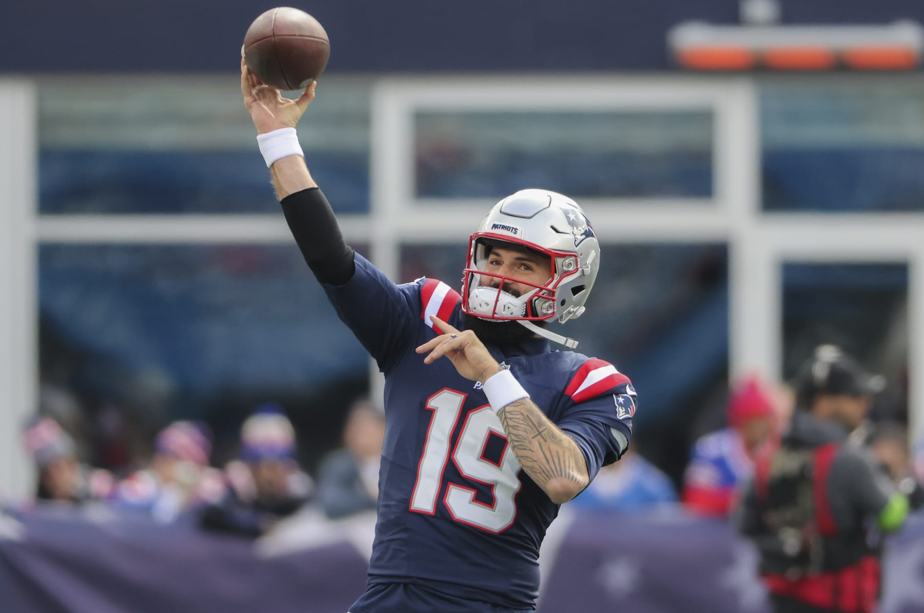 Foxborough, MA - October 22: New England Patriots QB Will Grier warms up before the game. The Patriots beat the Buffalo Bills, 29-25. (Photo by Matthew J. Lee/The Boston Globe via Getty Images) Foxborough, MA - October 22: New England Patriots QB Will Grier warms up before the game. The Patriots beat the Buffalo Bills, 29-25. (Photo by Matthew J. Lee/The Boston Globe via Getty Images)