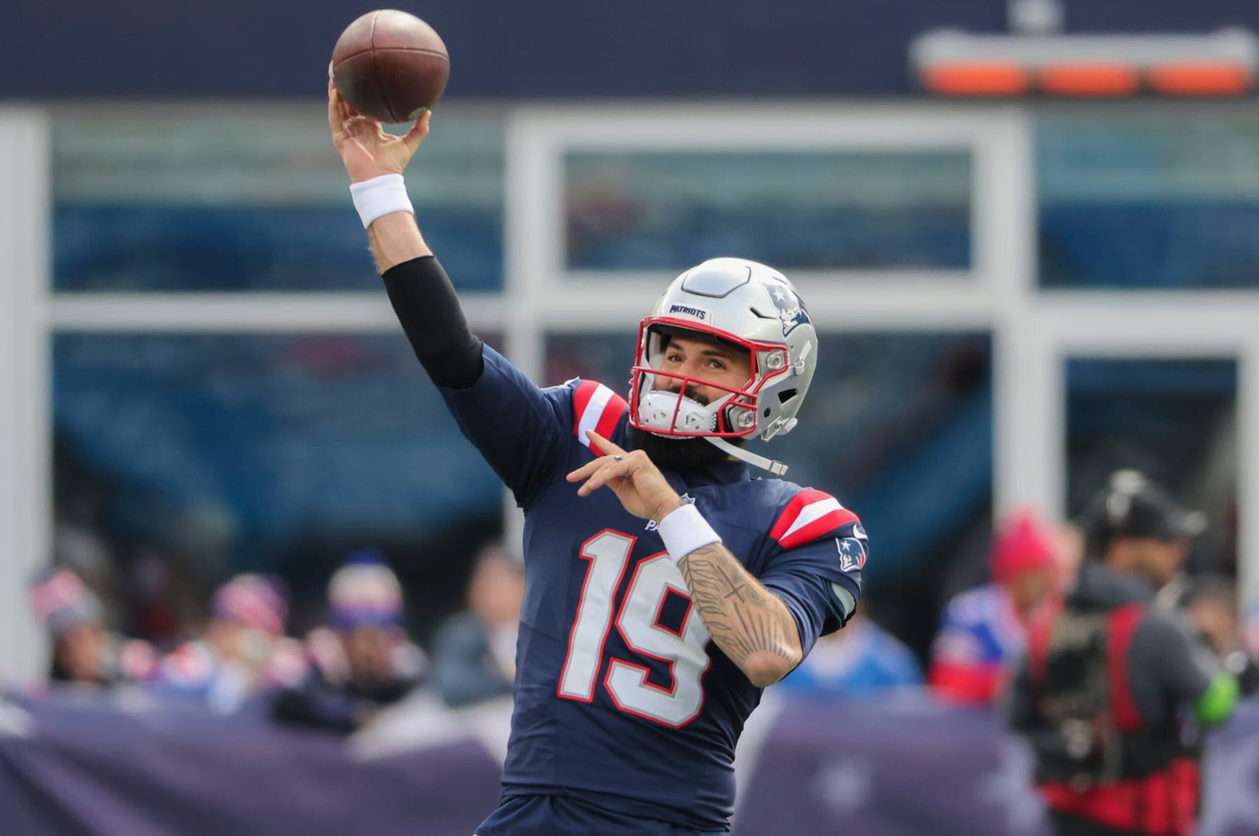 Foxborough, MA - October 22: New England Patriots QB Will Grier warms up before the game. The Patriots beat the Buffalo Bills, 29-25. (Photo by Matthew J. Lee/The Boston Globe via Getty Images)