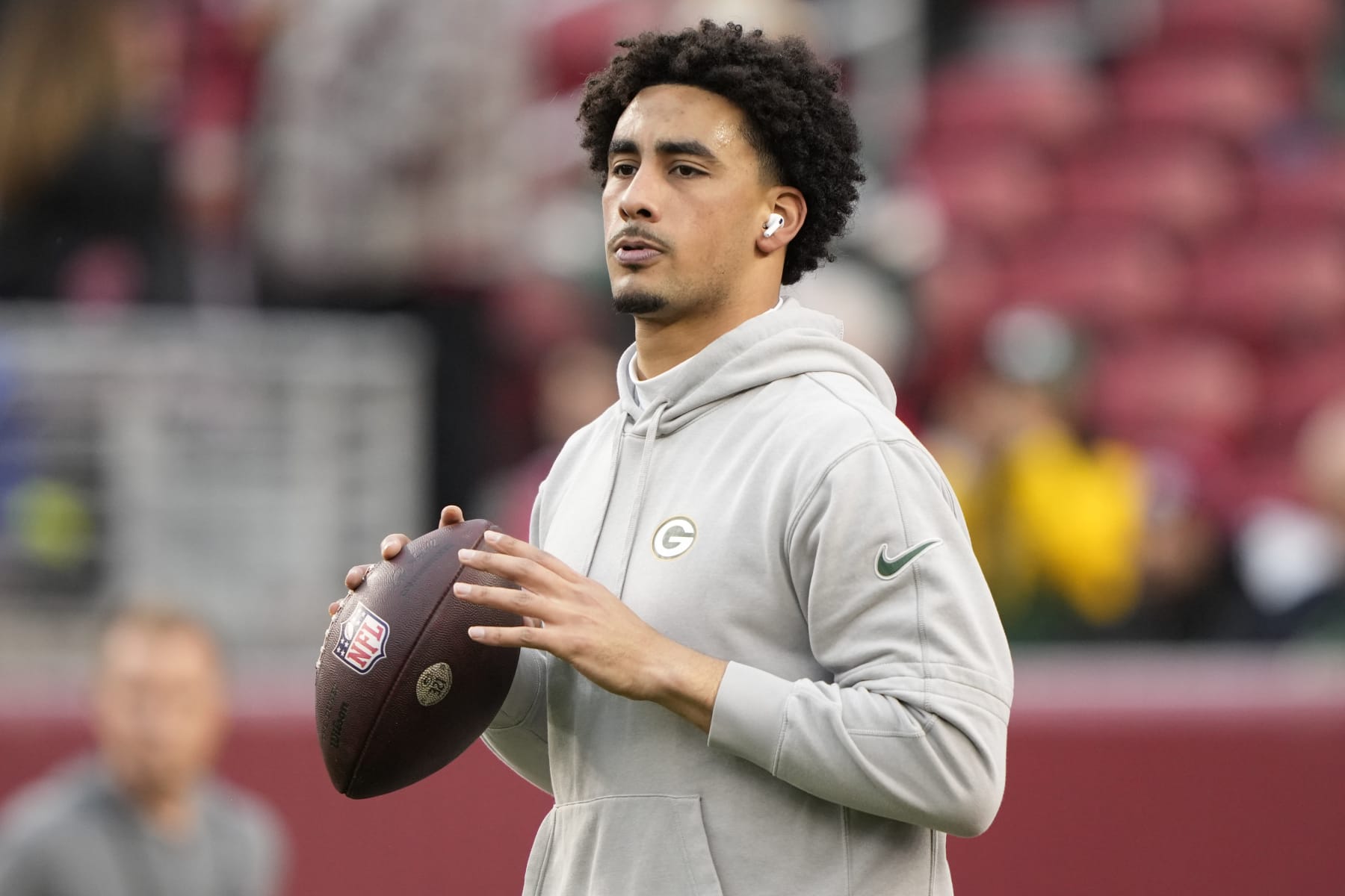 SANTA CLARA, CALIFORNIA - JANUARY 20: Jordan Love #10 of the Green Bay Packers warms up before the NFC Divisional Playoffs against the San Francisco 49ers at Levi's Stadium on January 20, 2024 in Santa Clara, California. (Photo by Thearon W. Henderson/Getty Images)