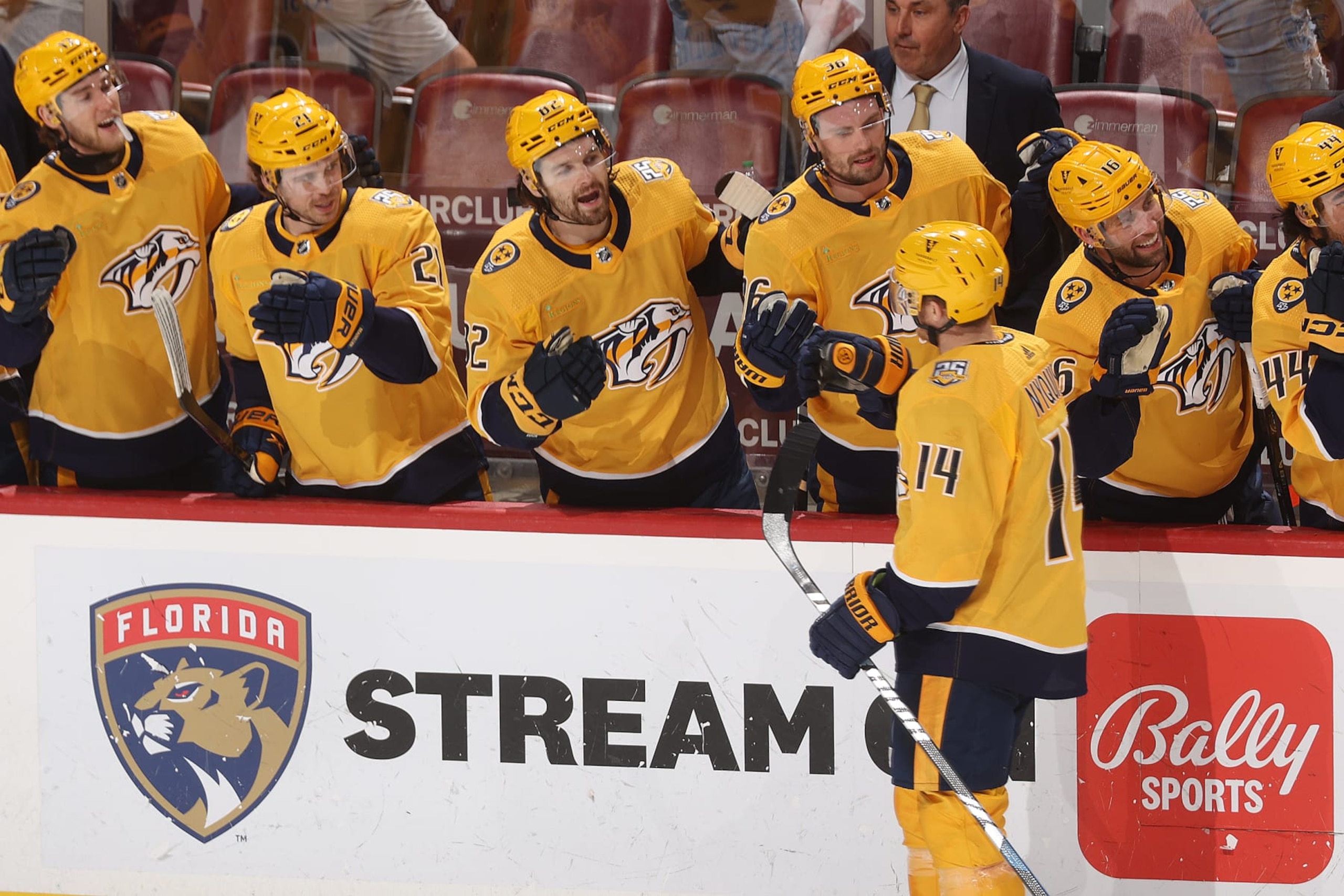 SUNRISE, FL - MARCH 21: Gustav Nyquist #14 of the Nashville Predators celebrates with teammates his goal in the third period against the Florida Panthers at the Amerant Bank Arena on March 21, 2024 in Sunrise, Florida. (Photo by Joel Auerbach/Getty Images)