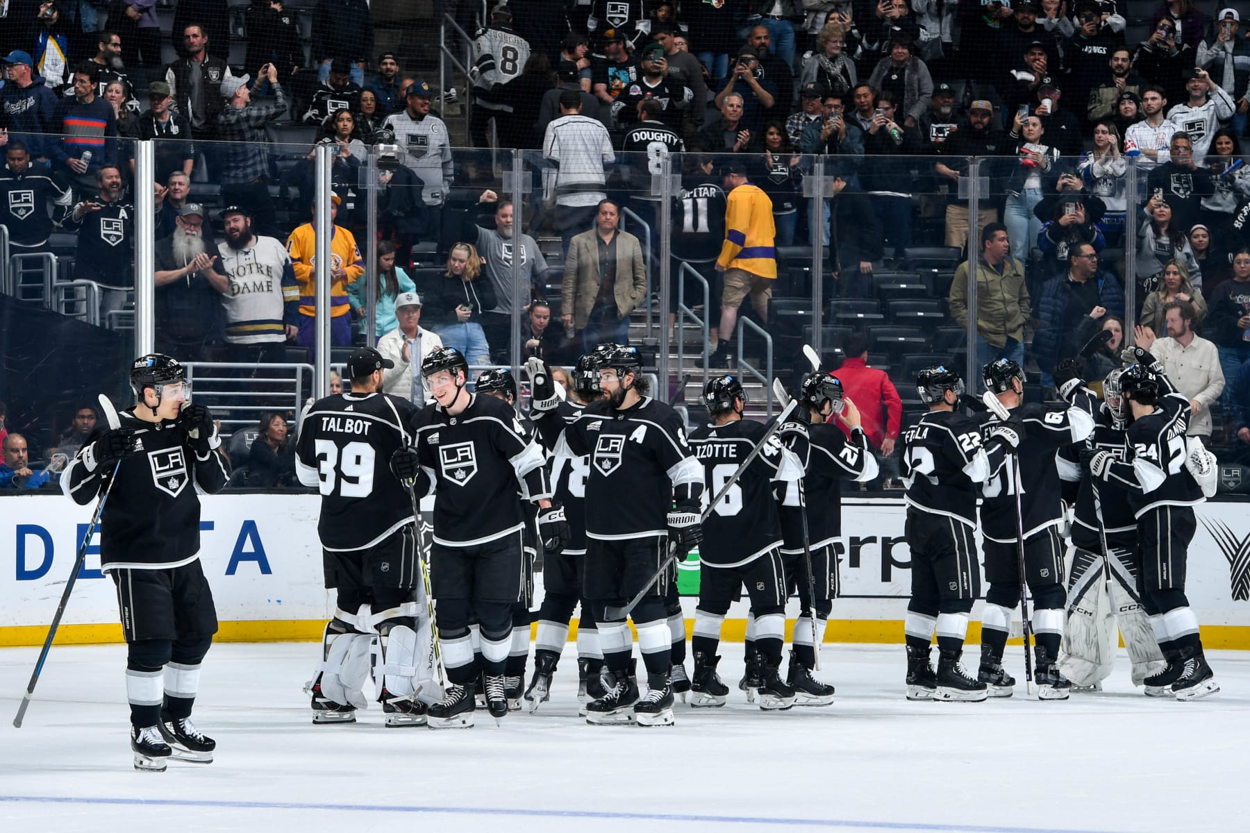 LOS ANGELES, CA - MARCH 20: Los Angeles Kings celebrate their victory against the Minnesota Wild at Crypto.com Arena on March 20, 2024 in Los Angeles, California. (Photo by Juan Ocampo/NHLI via Getty Images)