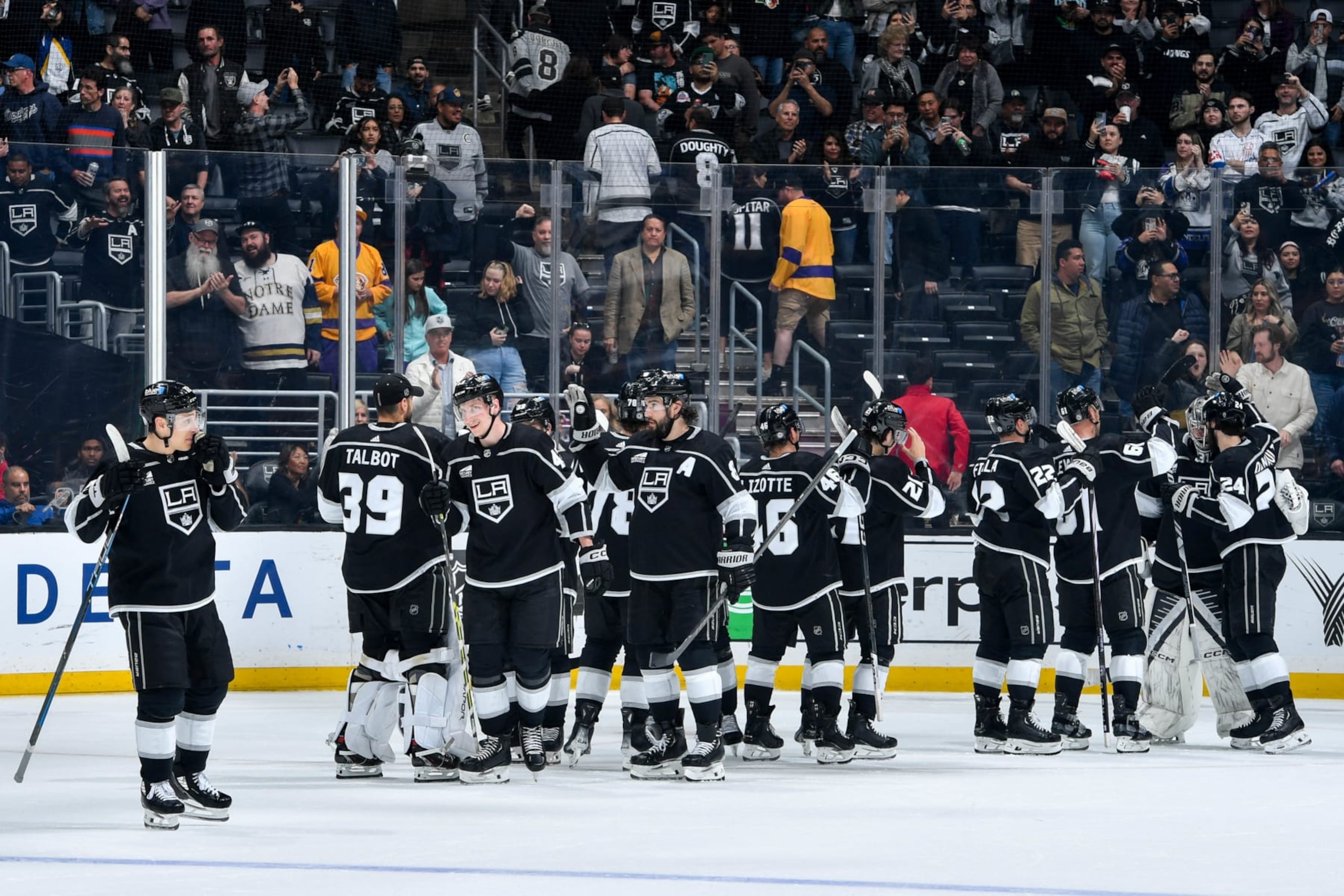LOS ANGELES, CA - MARCH 20: Los Angeles Kings celebrate their victory against the Minnesota Wild at Crypto.com Arena on March 20, 2024 in Los Angeles, California. (Photo by Juan Ocampo/NHLI via Getty Images)