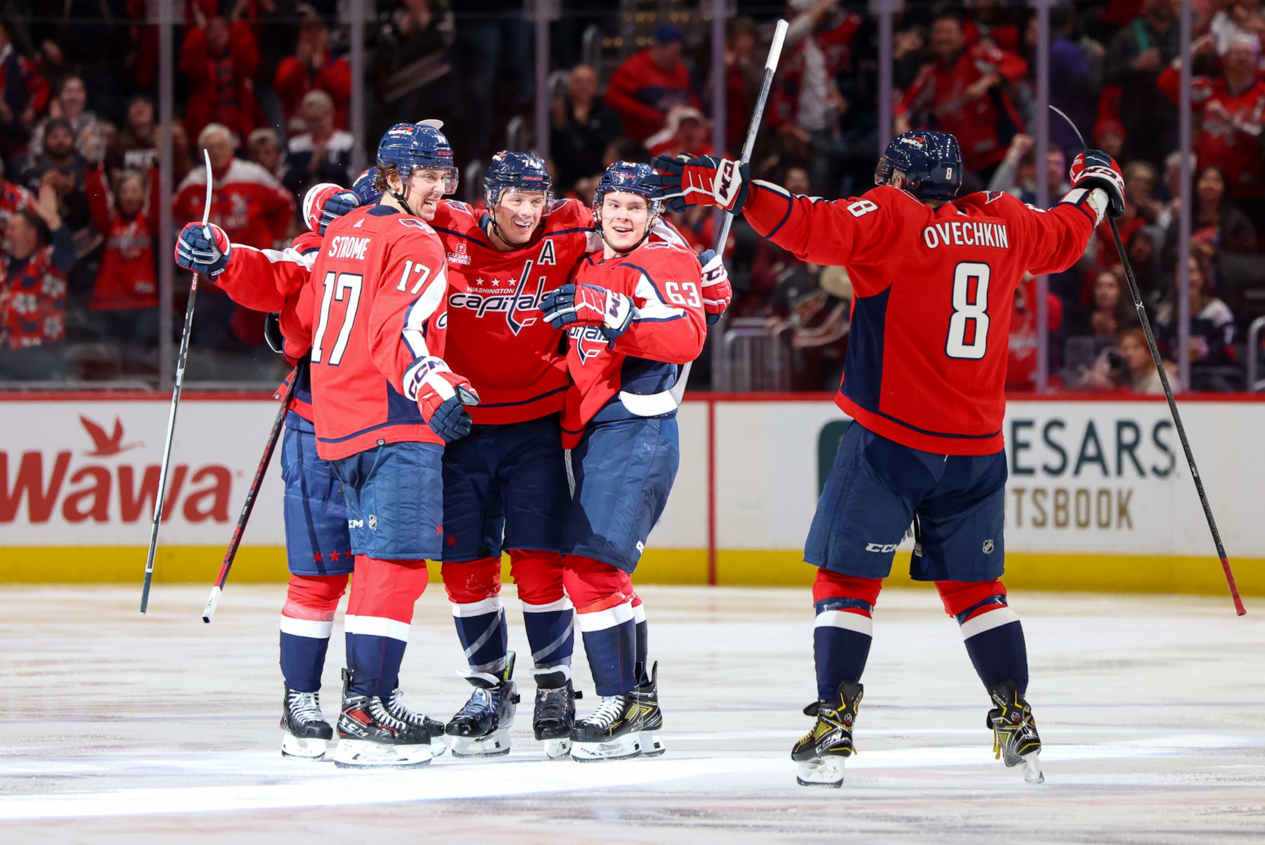 WASHINGTON, DC - MARCH 22: John Carlson #74 of the Washington Capitals celebrates a third period goal during a game against the Carolina Hurricanes at Capital One Arena on March 22, 2024 in Washington, D.C. (Photo by John McCreary/NHLI via Getty Images)