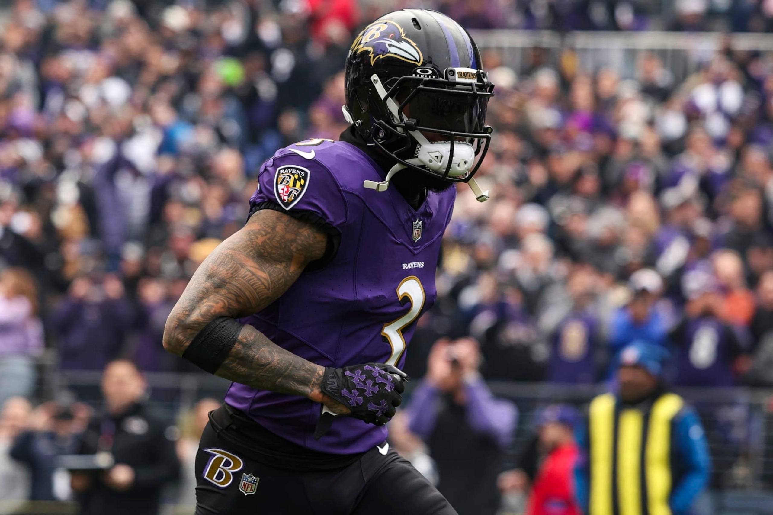 BALTIMORE, MD - JANUARY 28: Odell Beckham Jr. #3 of the Baltimore Ravens runs out of the tunnel prior to the AFC Championship NFL football game against the Kansas City Chiefs at M&T Bank Stadium on January 28, 2024 in Baltimore, Maryland. (Photo by Perry Knotts/Getty Images) BALTIMORE, MD - JANUARY 28: Odell Beckham Jr. #3 of the Baltimore Ravens runs out of the tunnel prior to the AFC Championship NFL football game against the Kansas City Chiefs at M&T Bank Stadium on January 28, 2024 in Baltimore, Maryland. (Photo by Perry Knotts/Getty Images)