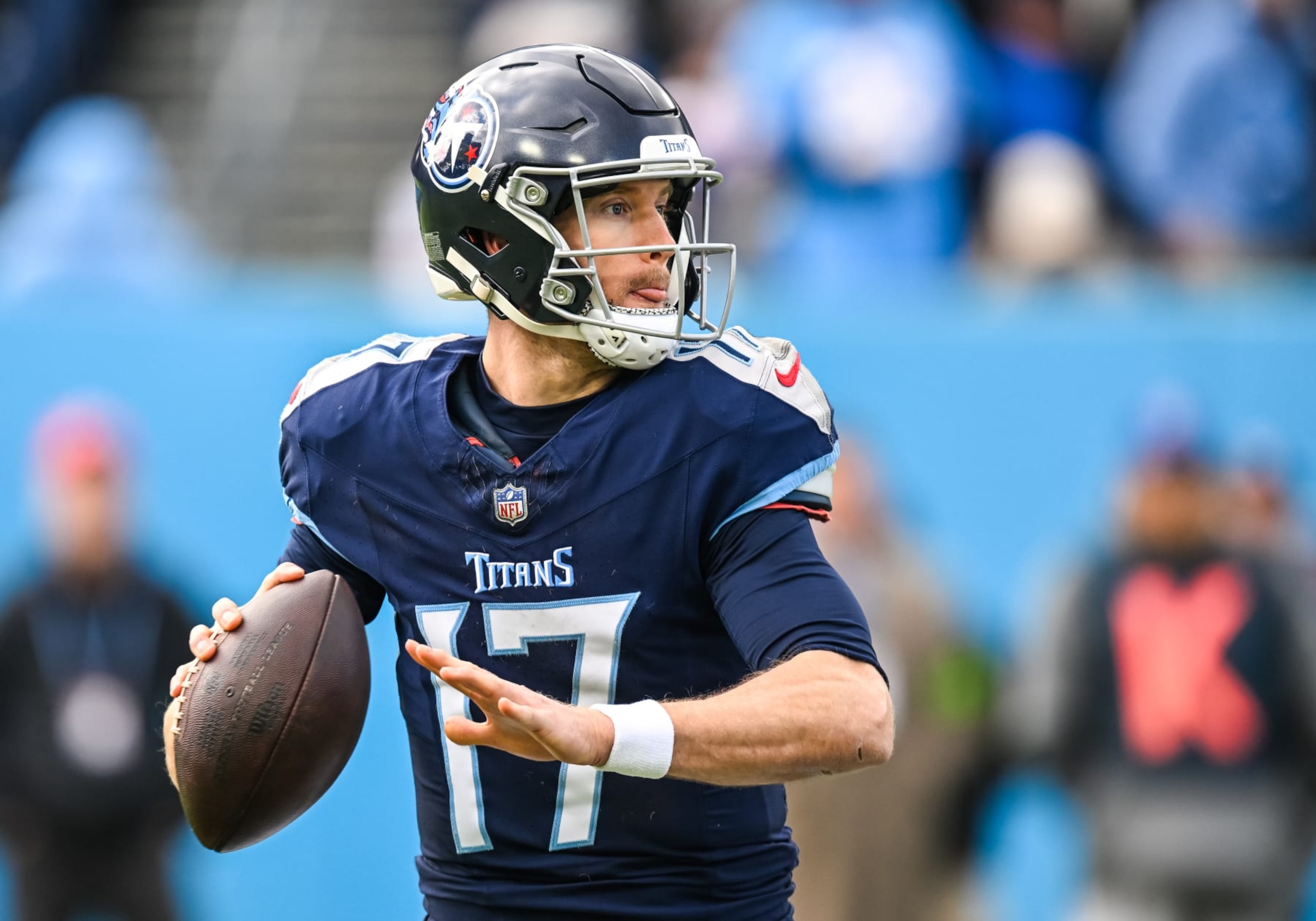 NASHVILLE, TN - JANUARY 07: Tennessee Titans quarterback Ryan Tannehill (17) passes the ball during the NFL game between the Tennessee Titans and the Jacksonville Jaguars on January 7, 2024, at Nissan Stadium in Nashville, TN. (Photo by Bryan Lynn/Icon Sportswire via Getty Images) NASHVILLE, TN - JANUARY 07: Tennessee Titans quarterback Ryan Tannehill (17) passes the ball during the NFL game between the Tennessee Titans and the Jacksonville Jaguars on January 7, 2024, at Nissan Stadium in Nashville, TN. (Photo by Bryan Lynn/Icon Sportswire via Getty Images)