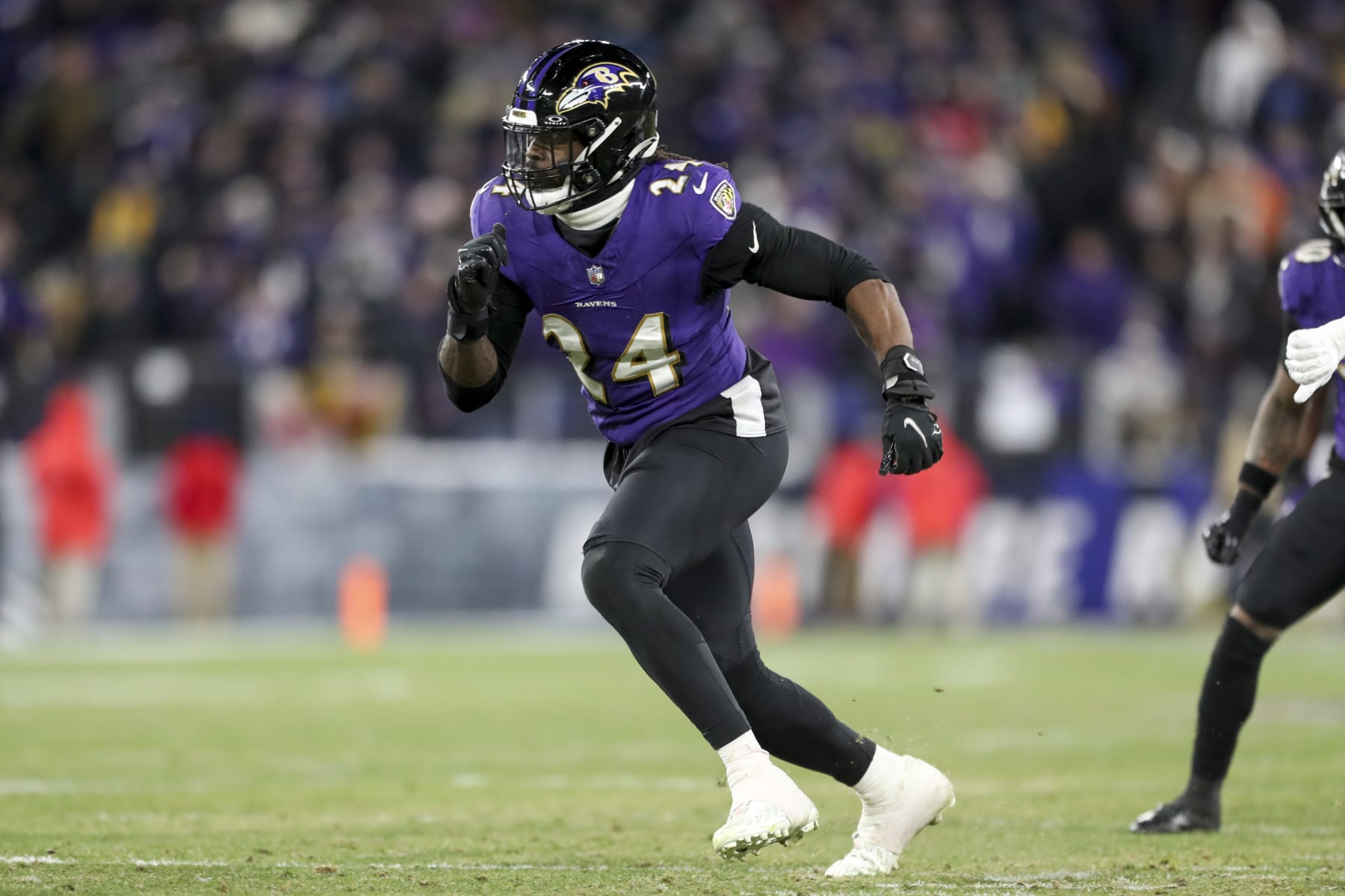 BALTIMORE, MARYLAND - JANUARY 20: Jadeveon Clowney #24 of the Baltimore Ravens runs during an NFL Divisional Round playoff game against the Houston Texans at M&T Bank Stadium on January 20, 2024 in Baltimore, Maryland. (Photo by Kara Durrette/Getty Images)