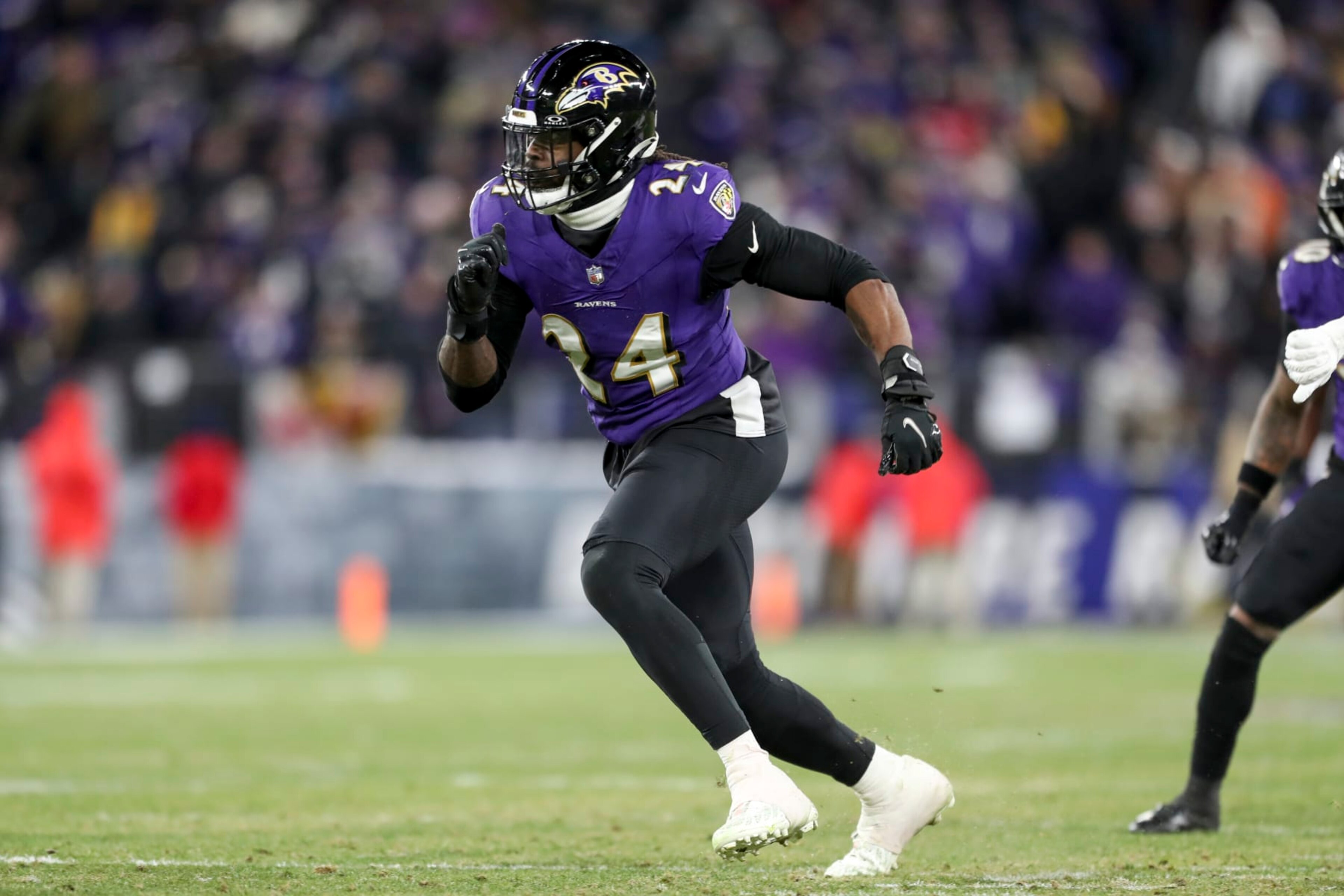 BALTIMORE, MARYLAND - JANUARY 20: Jadeveon Clowney #24 of the Baltimore Ravens runs during an NFL Divisional Round playoff game against the Houston Texans at M&T Bank Stadium on January 20, 2024 in Baltimore, Maryland. (Photo by Kara Durrette/Getty Images)