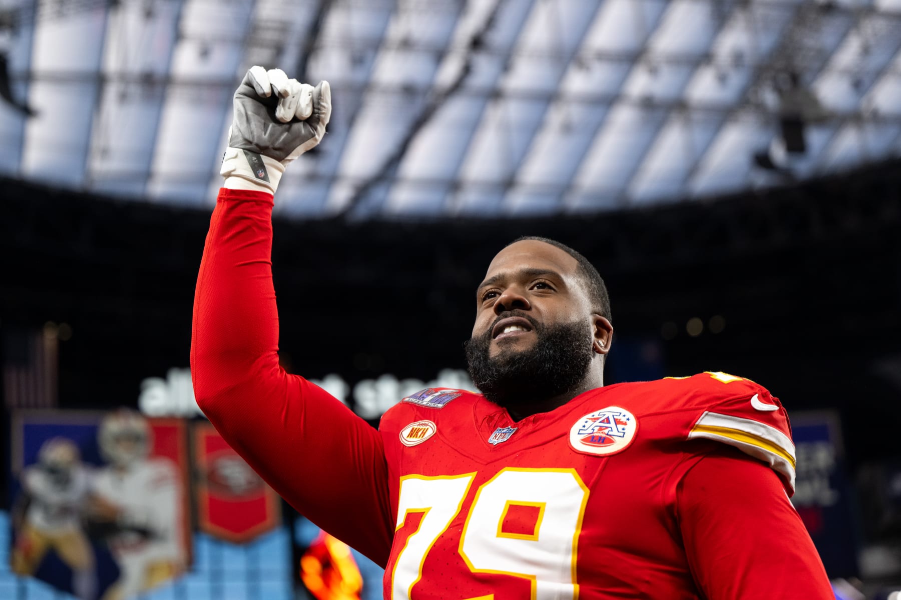 LAS VEGAS, NEVADA - FEBRUARY 11: Offensive tackle Donovan Smith #79 of the Kansas City Chiefs reacts prior to Super Bowl LVIII against the San Francisco 49ers at Allegiant Stadium on February 11, 2024 in Las Vegas, Nevada. (Photo by Luke Hales/Getty Images)