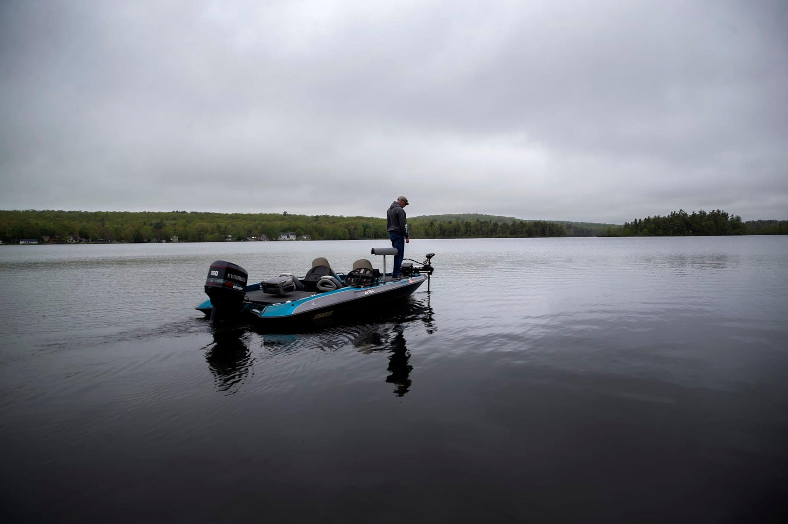 AUGUSTA, ME - May 21: Todd Philbrook of Rockland heads out on Togus Pond in Augusta on Saturday, May 21, 2022, to fish for bass. (Staff photo by Derek Davis/Portland Press Herald via Getty Images)