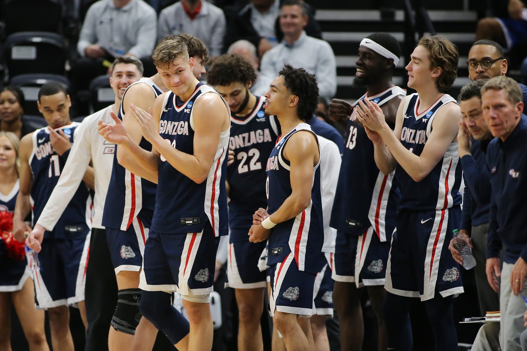 SALT LAKE CITY, UTAH - MARCH 23: Ben Gregg #33 and Ryan Nembhard #0 of the Gonzaga Bulldogs react during the second half against the Kansas Jayhawks in the second round of the NCAA Men's Basketball Tournament at Delta Center on March 23, 2024 in Salt Lake City, Utah. (Photo by Chris Gardner/Getty Images)