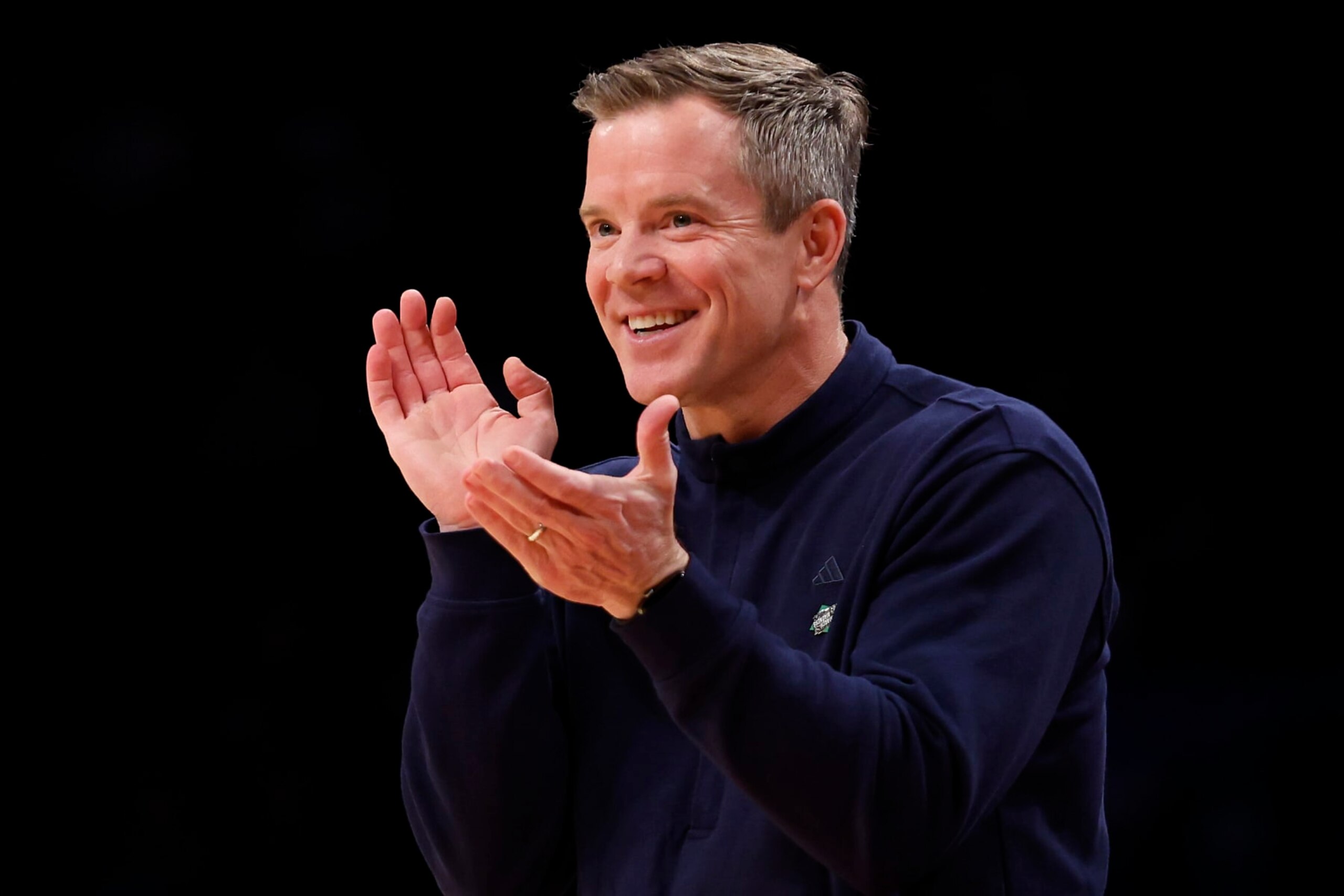 NEW YORK, NEW YORK - MARCH 22: Head coach Dusty May of the Florida Atlantic Owls reacts in the first half against the Northwestern Wildcats in the first round of the NCAA Men's Basketball Tournament at Barclays Center on March 22, 2024 in New York City. (Photo by Sarah Stier/Getty Images)
