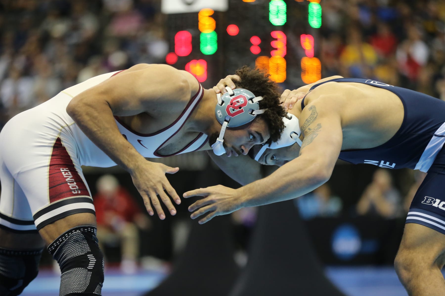 KANSAS CITY, MISSOURI - MARCH 22: Stephen Buchanan of the University of Oklahoma Sooners competes against Aaron Brooks of the Penn State University Nittany Lions in the quarterfinal rounds during the Division I Men's Wrestling Championship held at T-Mobile Center on March 21, 2024 in Kansas City, Missouri. (Photo by Evert Nelson/NCAA Photos via Getty Images)
