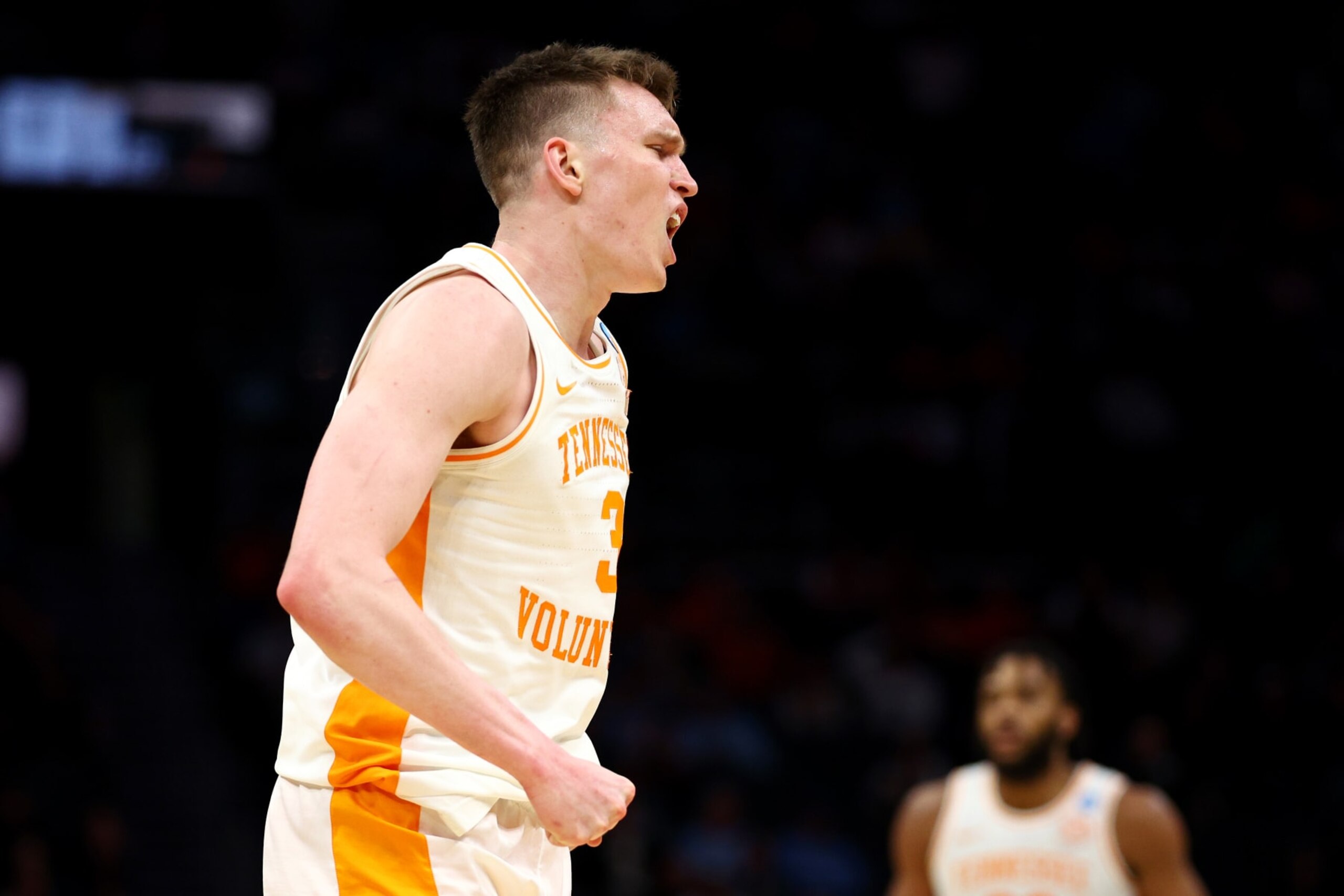 CHARLOTTE, NORTH CAROLINA - MARCH 23: Dalton Knecht #3 of the Tennessee Volunteers reacts to a play during the second half against the Texas Longhorns in the second round of the NCAA Men's Basketball Tournament at Spectrum Center on March 23, 2024 in Charlotte, North Carolina. (Photo by Jared C. Tilton/Getty Images)