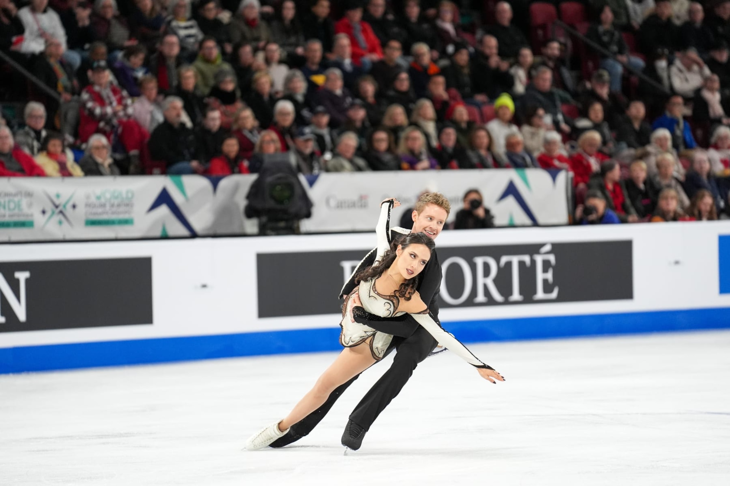 MONTREAL, CANADA - MARCH 23 :   Madison Chock and Evan Bates of USA compete in Ice Dance Free Dance during World Figure Skating Championships 2024 in Montreal, Quebec, Canada on March 23, 2024. (Photo by Mert Alper Dervis/Anadolu via Getty Images)
