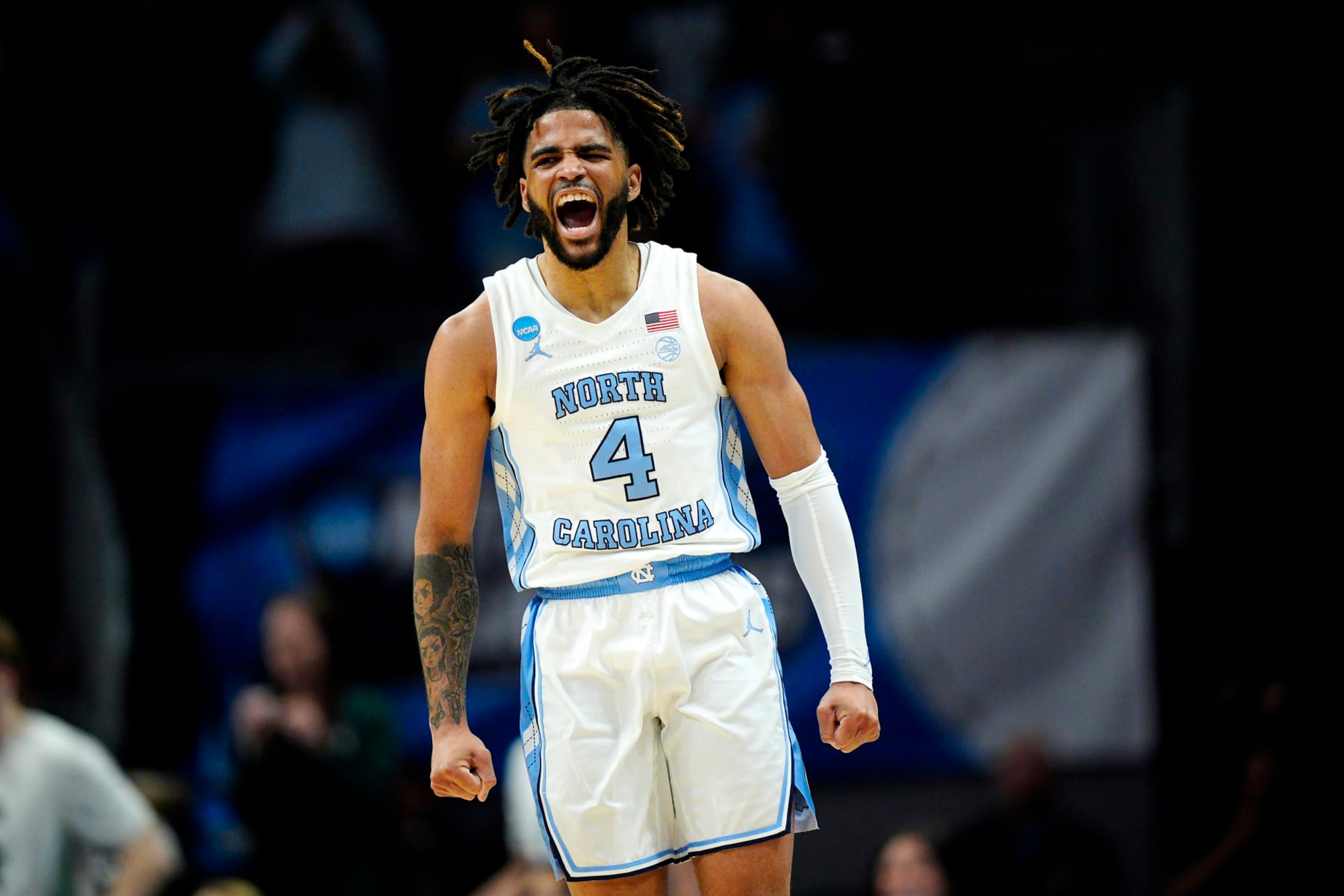 CHARLOTTE, NORTH CAROLINA - MARCH 23: RJ Davis #4 of the North Carolina Tar Heels celebrates a three-point basket during the first half against the Michigan State Spartans in the second round of the NCAA Men's Basketball Tournament at Spectrum Center on March 23, 2024 in Charlotte, North Carolina. (Photo by Jacob Kupferman/Getty Images) CHARLOTTE, NORTH CAROLINA - MARCH 23: RJ Davis #4 of the North Carolina Tar Heels celebrates a three-point basket during the first half against the Michigan State Spartans in the second round of the NCAA Men's Basketball Tournament at Spectrum Center on March 23, 2024 in Charlotte, North Carolina. (Photo by Jacob Kupferman/Getty Images)