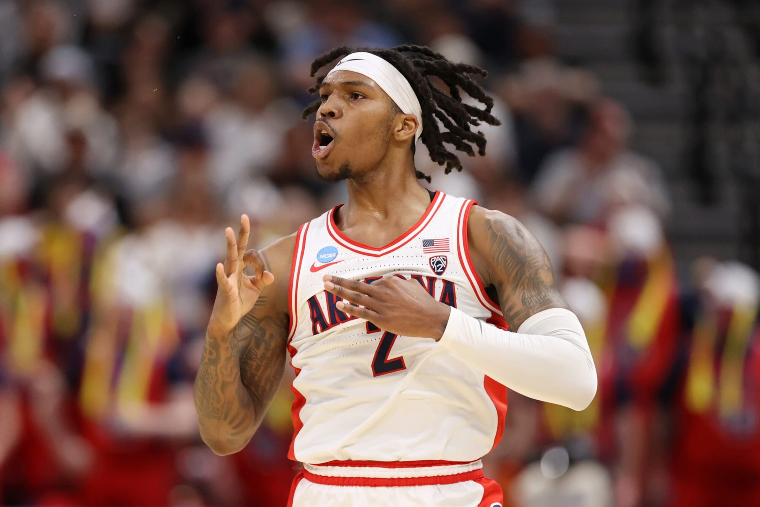 SALT LAKE CITY, UTAH - MARCH 23: Caleb Love #2 of the Arizona Wildcats celebrates a three point basket against the Dayton Flyers during the first half in the second round of the NCAA Men's Basketball Tournament at Delta Center on March 23, 2024 in Salt Lake City, Utah. (Photo by Christian Petersen/Getty Images)