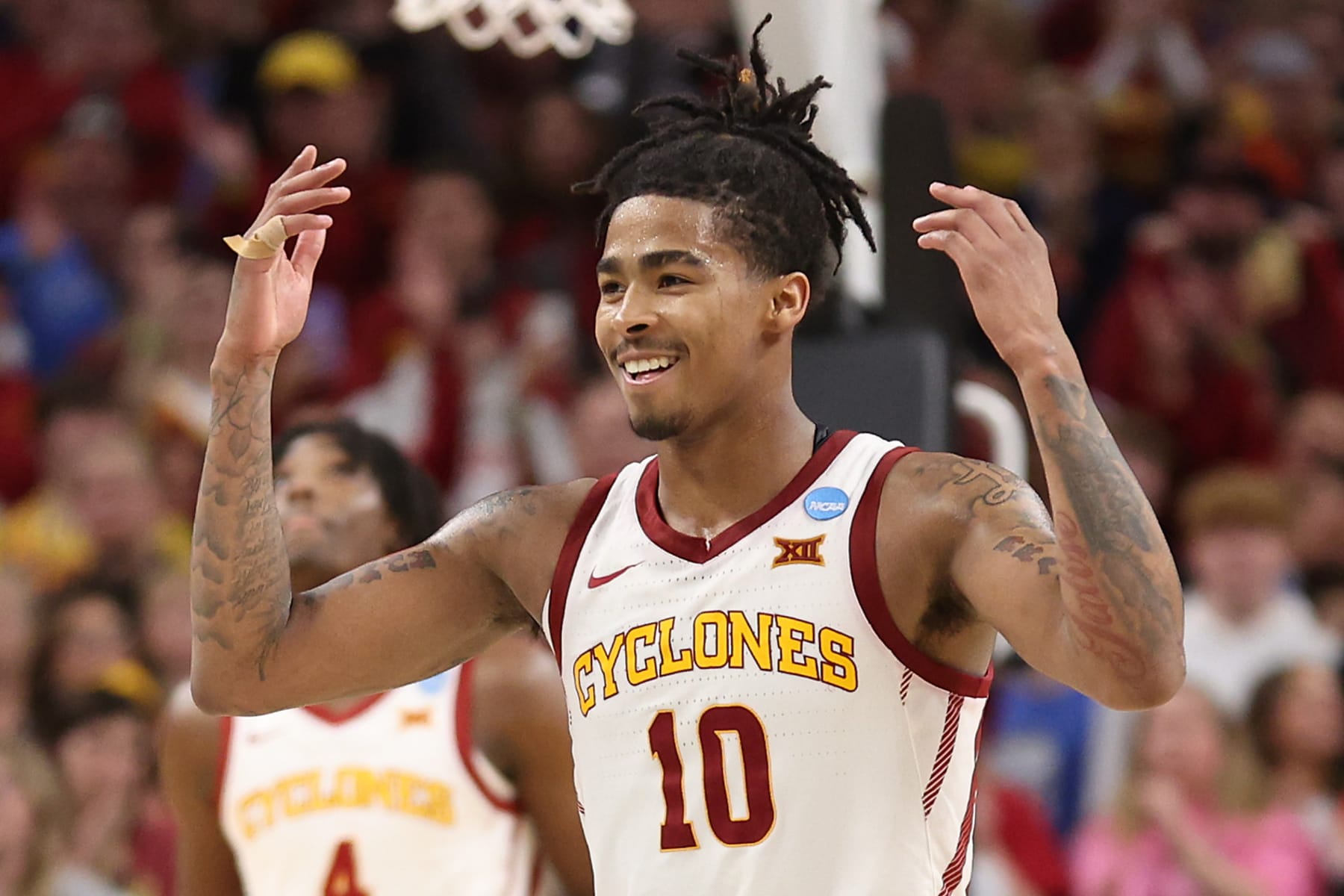 OMAHA, NEBRASKA - MARCH 23: Keshon Gilbert #10 of the Iowa State Cyclones celebrates after defeating the Washington State Cougars 67-56 in the second round of the NCAA Men's Basketball Tournament at CHI Health Center on March 23, 2024 in Omaha, Nebraska. (Photo by Jamie Squire/Getty Images)