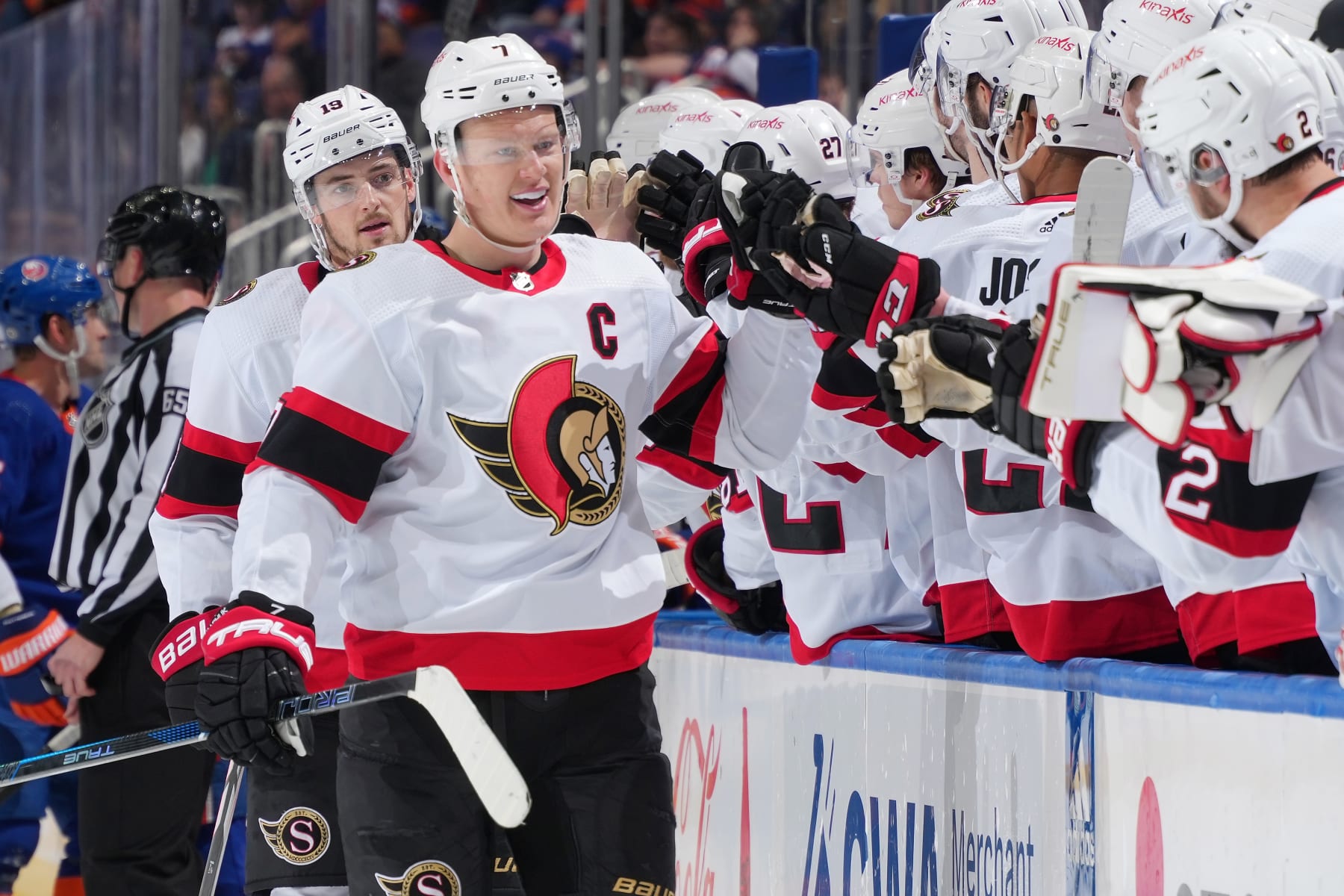 ELMONT, NEW YORK - MARCH 16: Brady Tkachuk #7 of the Ottawa Senators celebrates his third period goal against the New York Islanders at UBS Arena on March 16, 2024 in Elmont, New York. (Photo by Mike Stobe/NHLI via Getty Images) ELMONT, NEW YORK - MARCH 16: Brady Tkachuk #7 of the Ottawa Senators celebrates his third period goal against the New York Islanders at UBS Arena on March 16, 2024 in Elmont, New York. (Photo by Mike Stobe/NHLI via Getty Images)