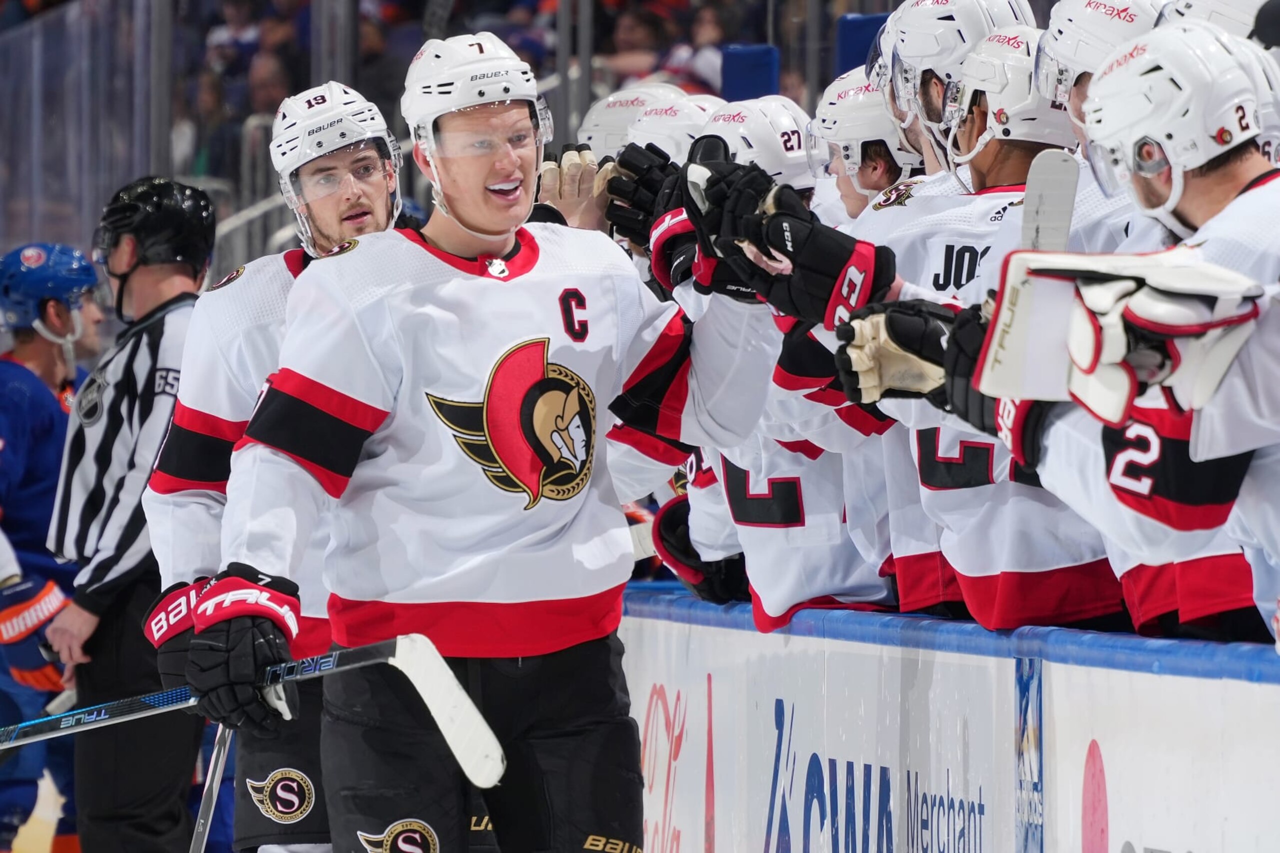 ELMONT, NEW YORK - MARCH 16: Brady Tkachuk #7 of the Ottawa Senators celebrates his third period goal against the New York Islanders at UBS Arena on March 16, 2024 in Elmont, New York. (Photo by Mike Stobe/NHLI via Getty Images)