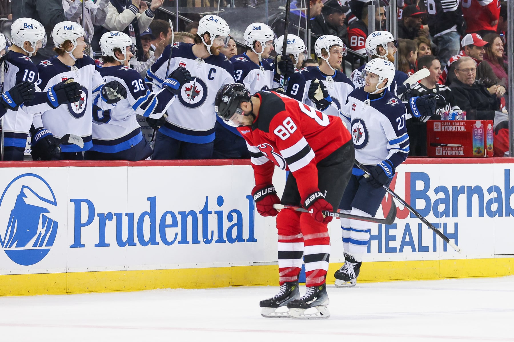 NEWARK, NJ - MARCH 21: Winnipeg Jets left wing Nikolaj Ehlers (27) celebrates after scoring a goal during a game between the Winnipeg Jets and New Jersey Devils on March 21, 2024 at Prudential Center in the Newark, New Jersey. (Photo by Andrew Mordzynski/Icon Sportswire via Getty Images) NEWARK, NJ - MARCH 21: Winnipeg Jets left wing Nikolaj Ehlers (27) celebrates after scoring a goal during a game between the Winnipeg Jets and New Jersey Devils on March 21, 2024 at Prudential Center in the Newark, New Jersey. (Photo by Andrew Mordzynski/Icon Sportswire via Getty Images)